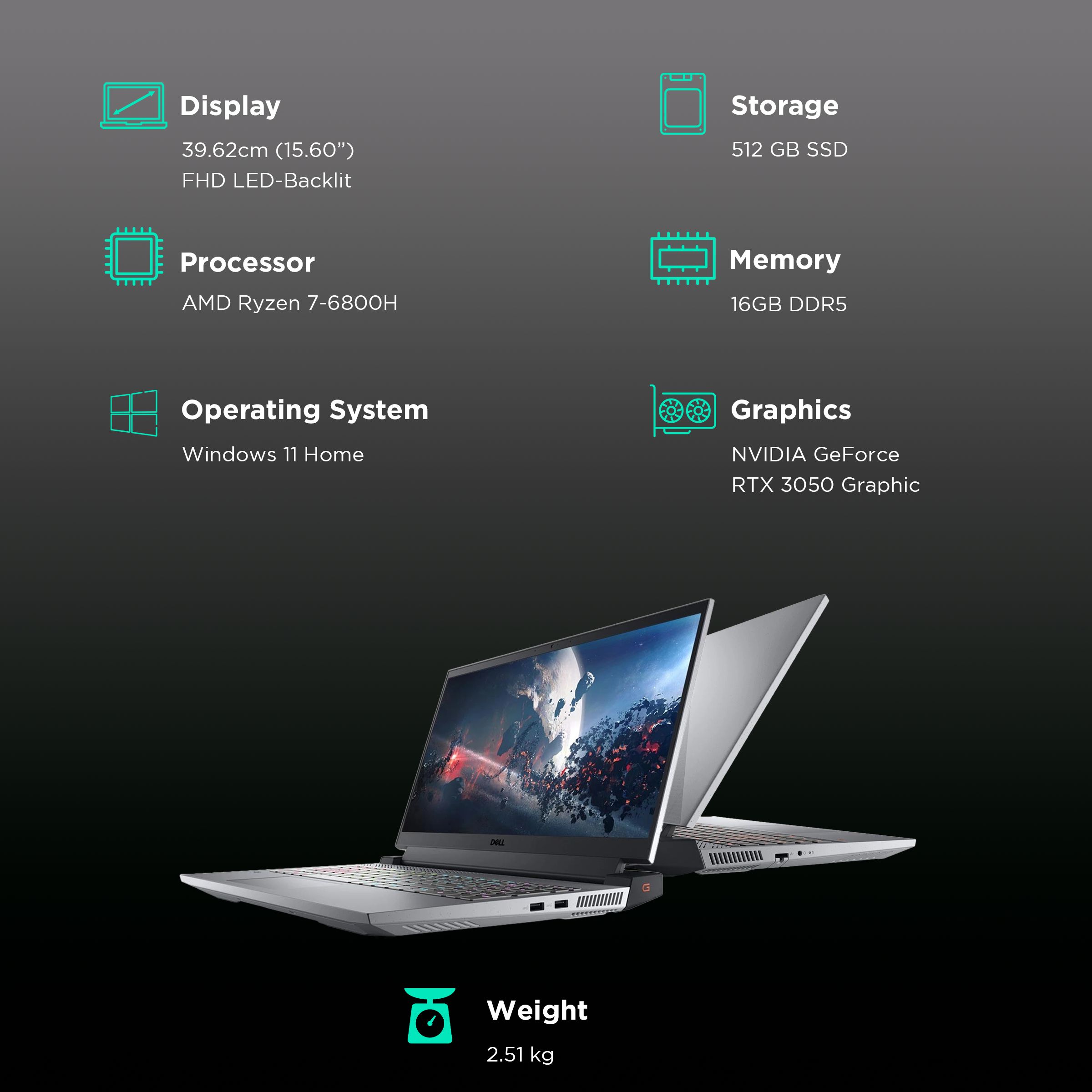 DELL G15-5525 AMD Ryzen 7 6800H Gaming Laptop (16GB, 512GB SSD, Windows 11 Home, 4GB Graphics, 15.6 inch 120 Hz Full HD WVA AG Display, NVIDIA GeForce RTX 3050 Ti, MS Office, Grey, 2.51 KG)_3