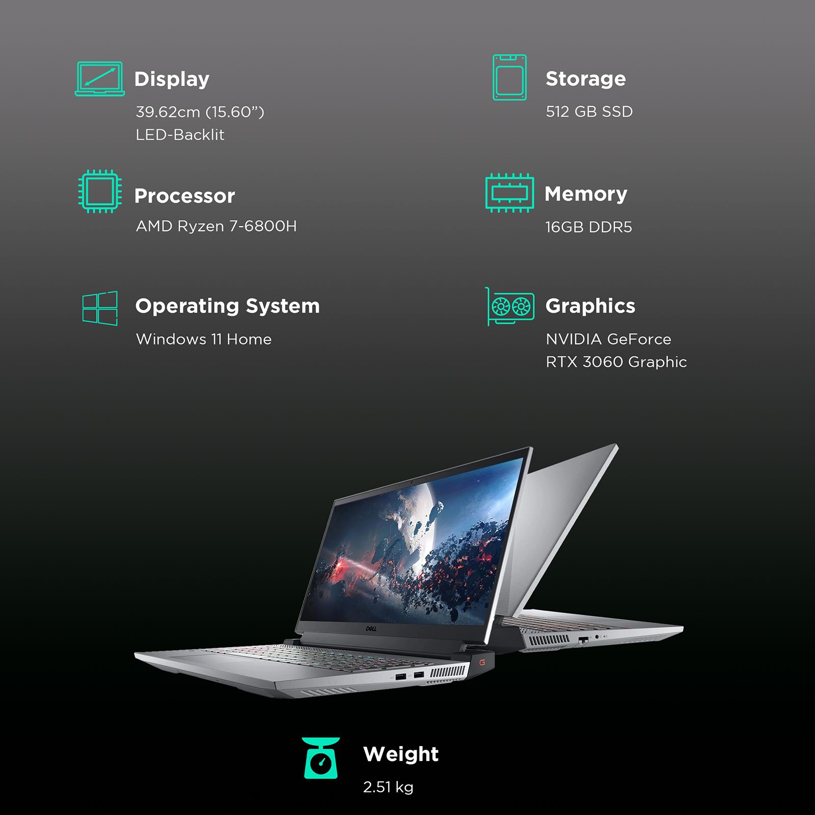 DELL Inspiron G15 5525 AMD Ryzen 7 6800H Gaming Laptop (16GB, 512GB SSD, Windows 11 Home, 4GB Graphics, 15.6 inch 120 Hz Full HD WVA AG Display, NVIDIA GeForce RTX 3060, MS Office 2021, Grey, 2.51 KG)_3