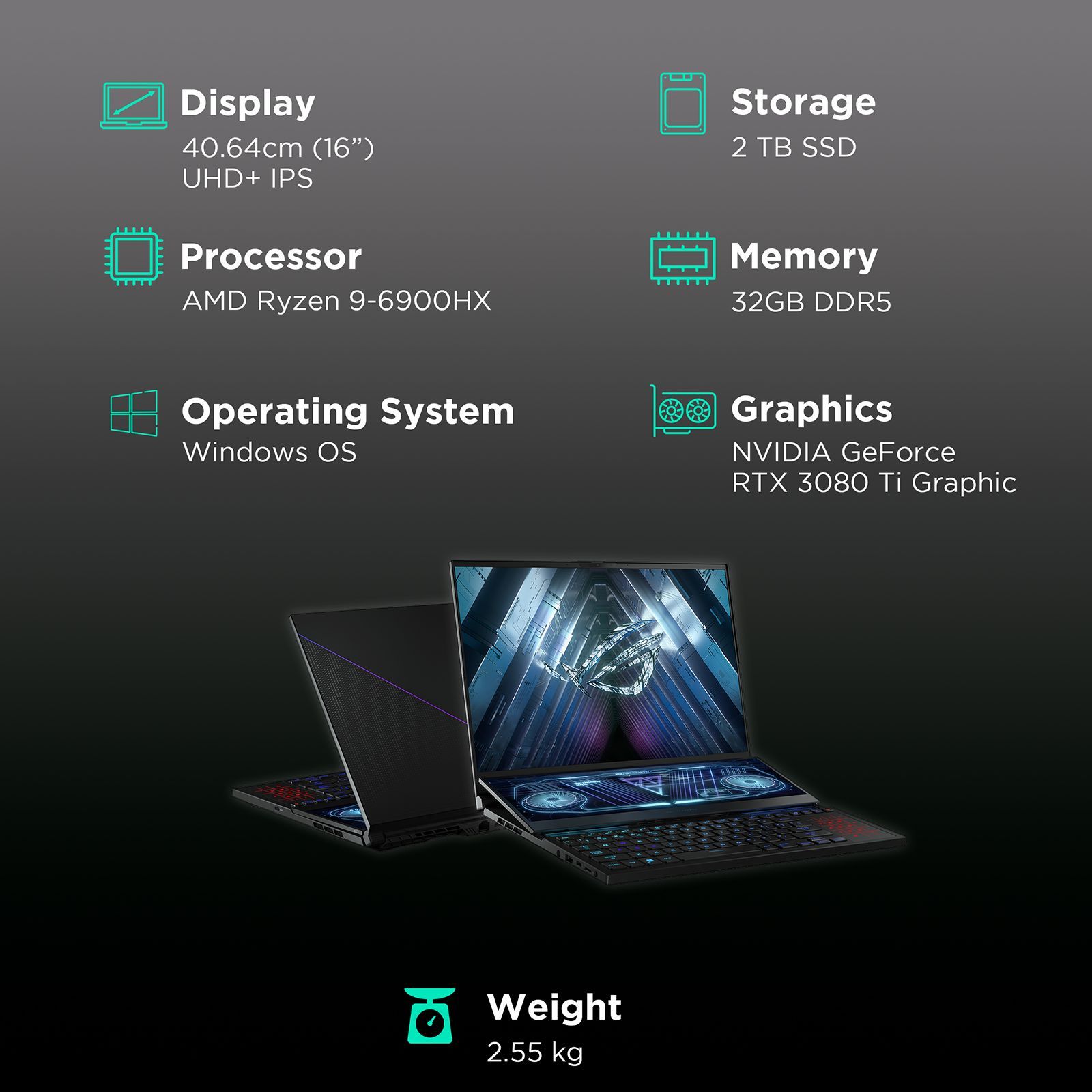 ASUS ROG Zephyrus Duo 16 AMD Ryzen 9 (16 inch, 32GB, 2TB, Windows 11 Home, MS Office Home and Student, NVIDIA GeForce RTX 3080 Ti Graphics, UHD+ IPS Display, Black, GX650RXZ-LB226WS)_3