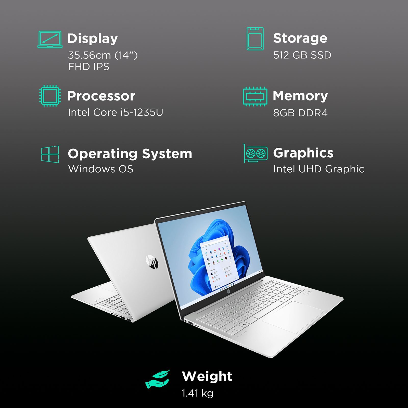 HP Pavilion DV2053TU Intel Core i5 12th Gen (14 Inch, 8GB, 512GB, Windows 11 Home, MS Office Home and Student, Intel UHD Graphics, FHD IPS Display, Natural Silver, 6K9C6PA#ACJ)_2