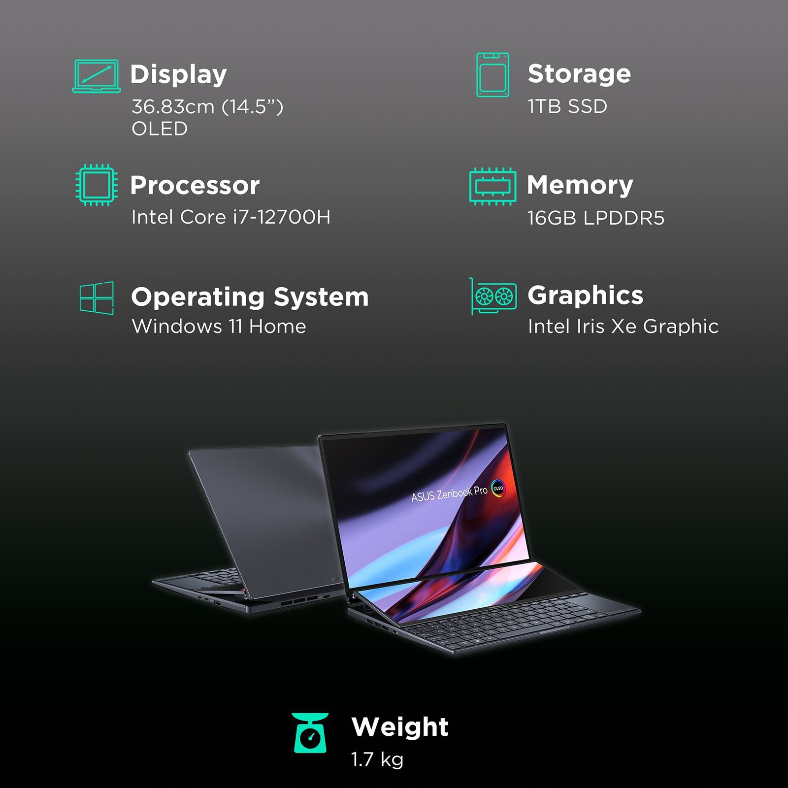 ASUS Zenbook Pro 14 Duo 2022 Intel Evo Core i7 12th Gen (14 inch, 16GB, 1TB, Windows 11, MS Office, Intel Iris Xe Graphics, Tech Black, UX8402ZA-LM711WS)_3