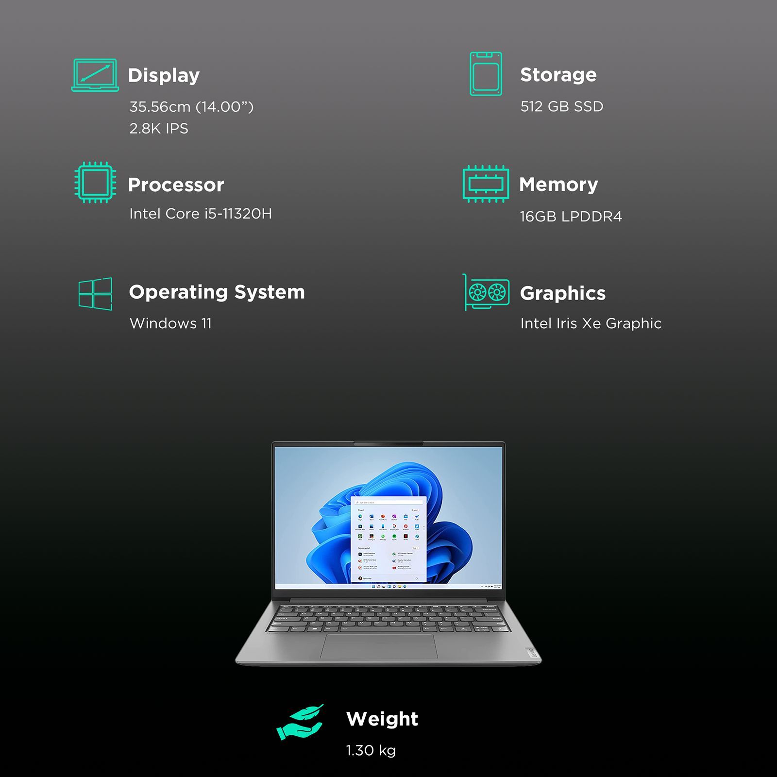 Lenovo Yoga Slim 7 Pro 14IHU5 Intel Core i5 11th Gen Thin & Light Laptop (16GB, 512GB SSD, Windows 11 Home, 14 inch 2.8K IPS Display, MS Office 2021, Slate Grey, 1.3 KG)_3