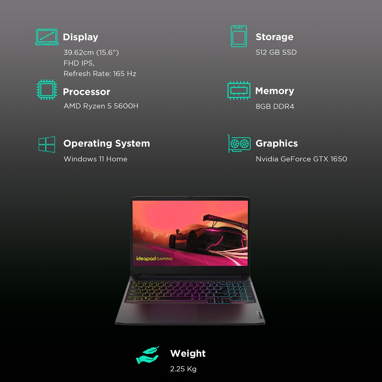 Lenovo IdeaPad Gaming 3 AMD Ryzen 5 (15.6 inch, 8GB, 512GB, Windows 11 Home, MS Office 2021, NVIDIA GeForce GTX 1650, Full HD IPS Display, Shadow Black, 82K201UFIN)_3