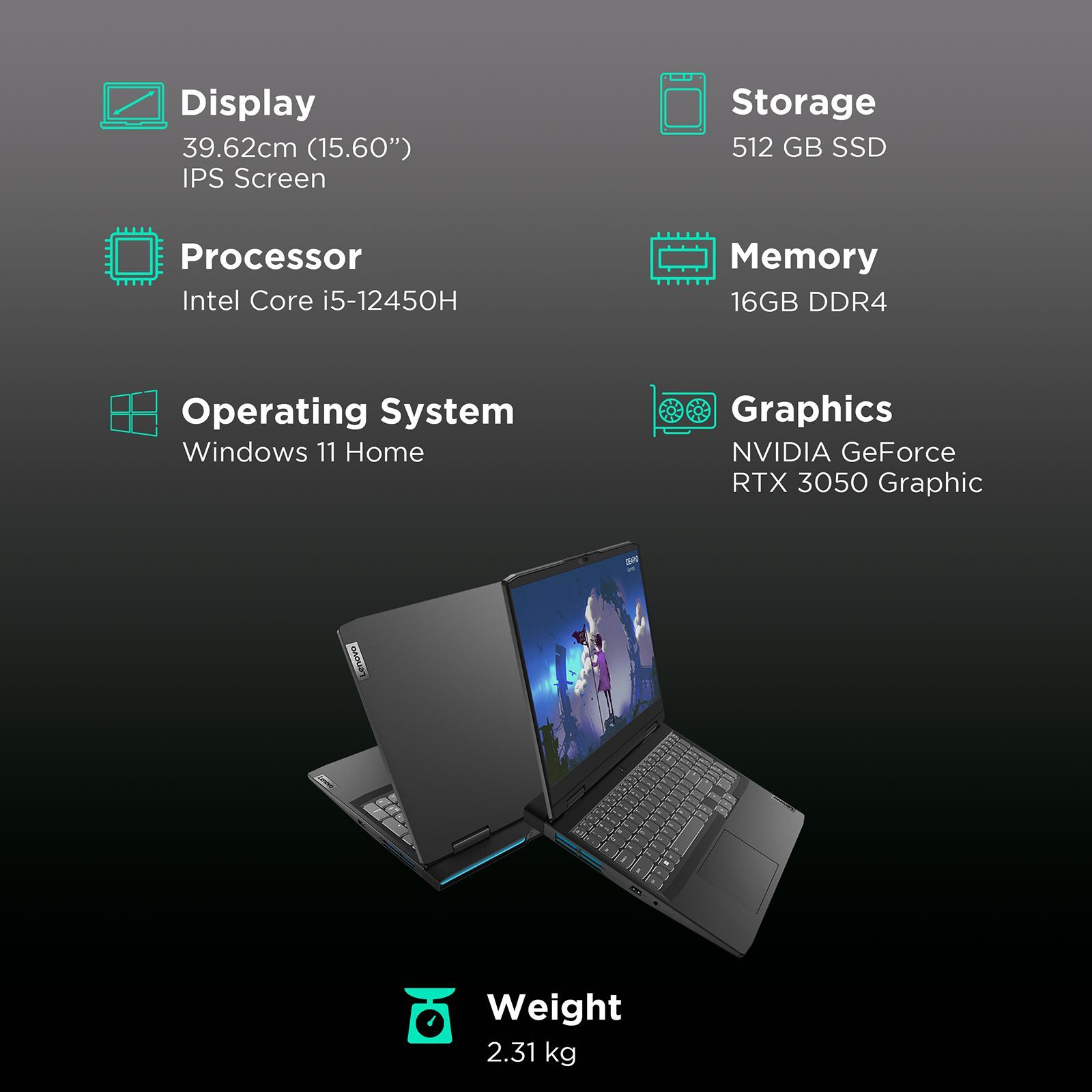 Lenovo IdeaPad Gaming 3 15IAH7 Intel Core i5 12th Gen (15.6 inch, 16GB, 512GB, Windows 11, MS Office 2021, NVIDIA GeForce RTX 3050, FHD IPS Display, Shadow Black, 82S900KQIN)_3