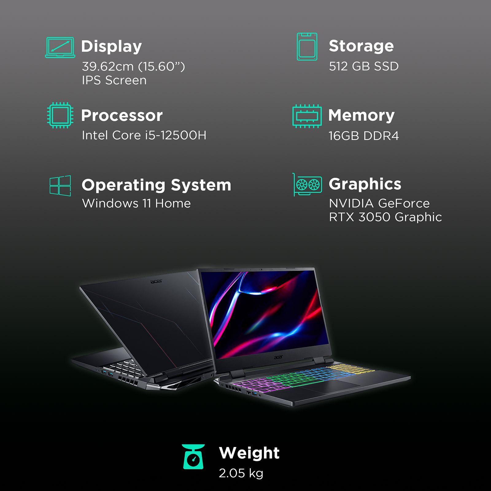 acer Nitro 5 Intel Core i5 12th Gen Gaming Laptop (16GB, 512GB SSD, Windows 11 Home, 4GB Graphics, 15.6 inch 144 Hz FHD IPS Display, NVIDIA GeForce RTX 3050, MS Office 365, Obsidian Black, 2.6 KG)_3