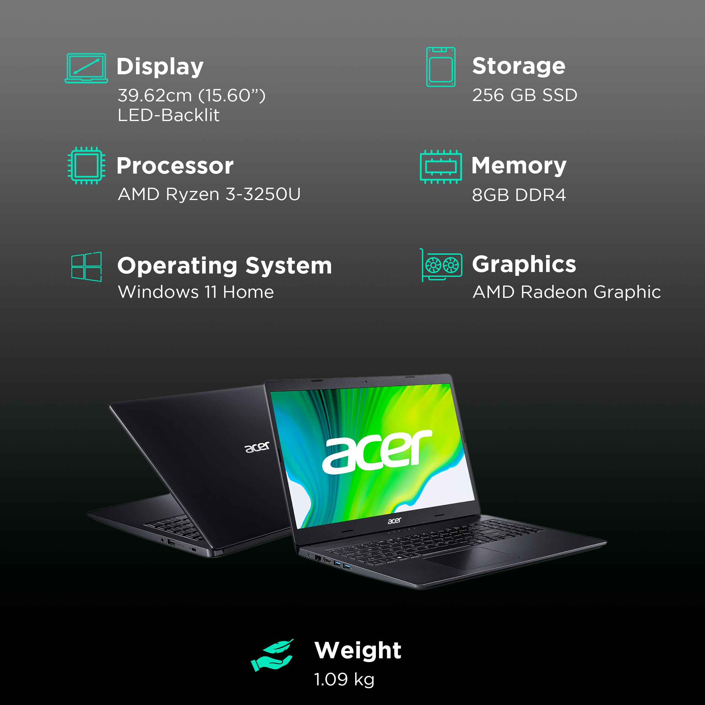 acer Aspire 3 Ryzen 3 Laptop (8GB, 256GB SSD, Windows 11 Home, 15.6 inch LED Backlit Display, MS Office 2021, Charcoal Black, 1.9 KG)_3
