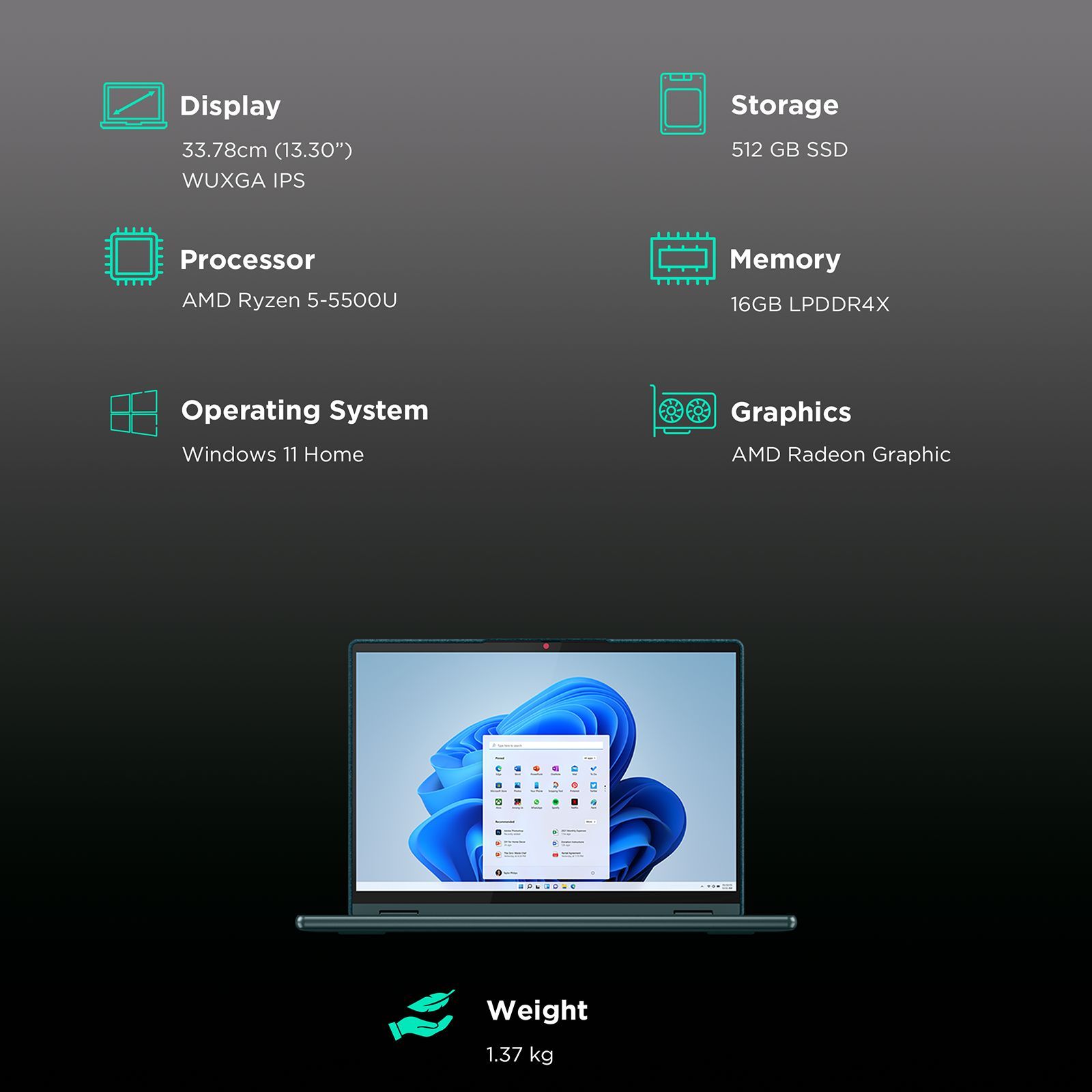 Lenovo Yoga 6 13ALC7 AMD Ryzen 5 (13.3 inch, 16GB, 512GB, Windows 11, MS Office 2021, AMD Radeon, WUXGA IPS Display, Dark Teal, 82UD0069IN)_3