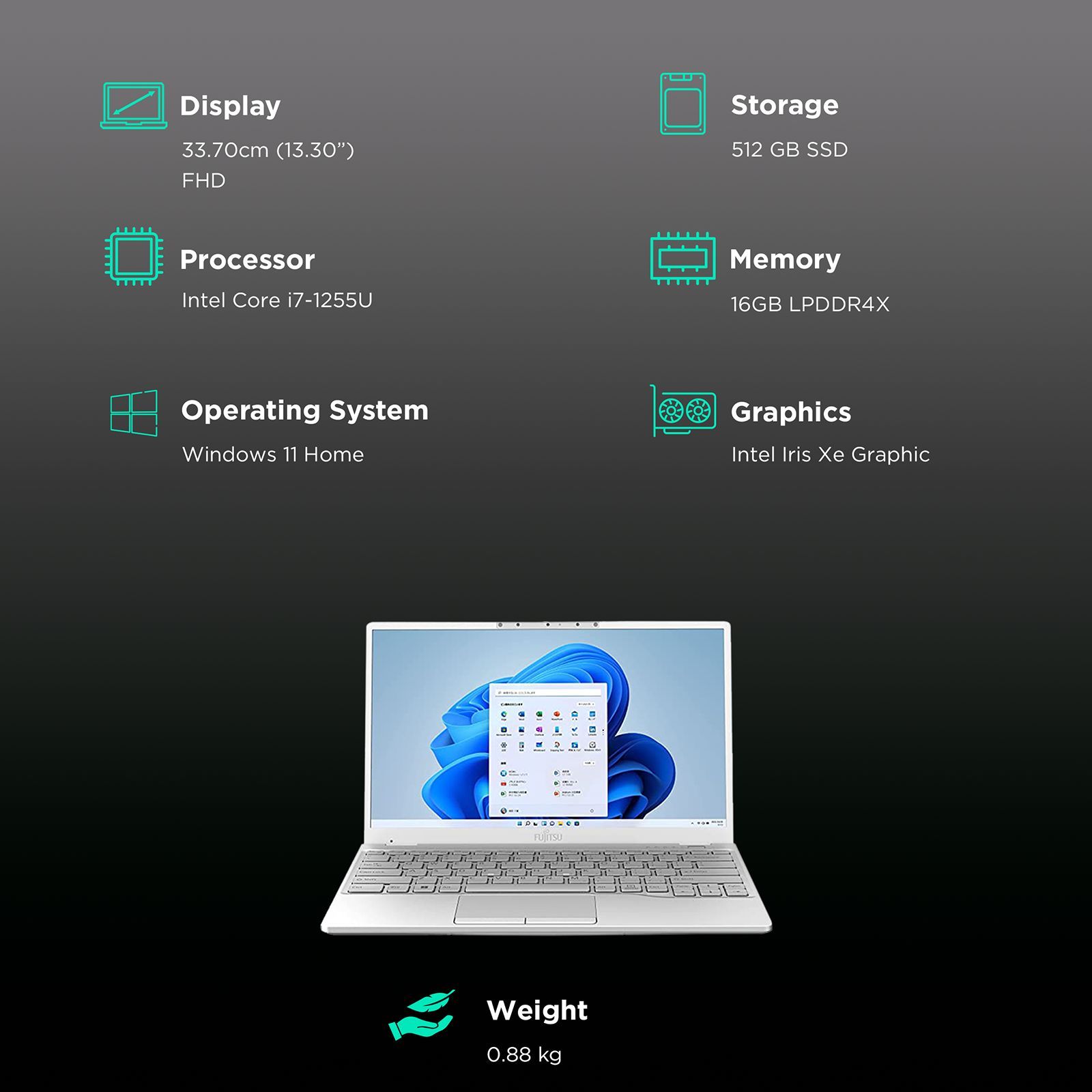 FUJITSU UH-X Intel Evo i7 12th Gen (13.3 inch, 16GB, 512GB, Windows 11 Home, MS Office 2021, Intel Iris Xe, FHD LED Display, White, 4ZR1K06212) FUJITSU UH-X Intel Evo i7 12th Gen (13.3 inch, 16GB, 512GB, Windows 11 Home, MS Office 2021, Intel Iris Xe, FHD LED Display, White, 4ZR1K06212)_3
