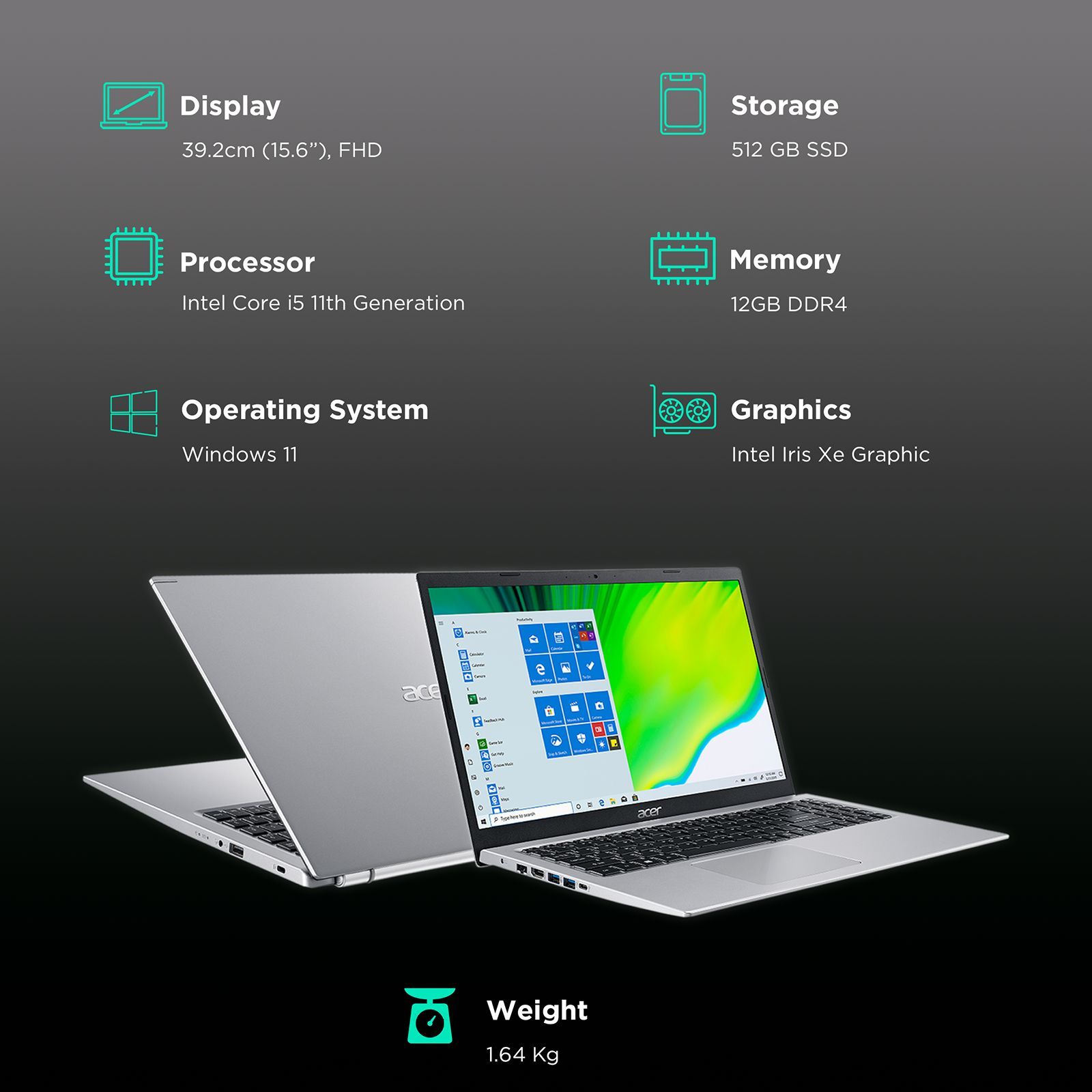 acer Aspire 5 A515-56 Intel Core i5 11th Gen Laptop (12GB, 512GB SSD, Windows 11 Home, 15.6 inch Full HD LED Backlit Display, Silver, 1.65 KG)_3