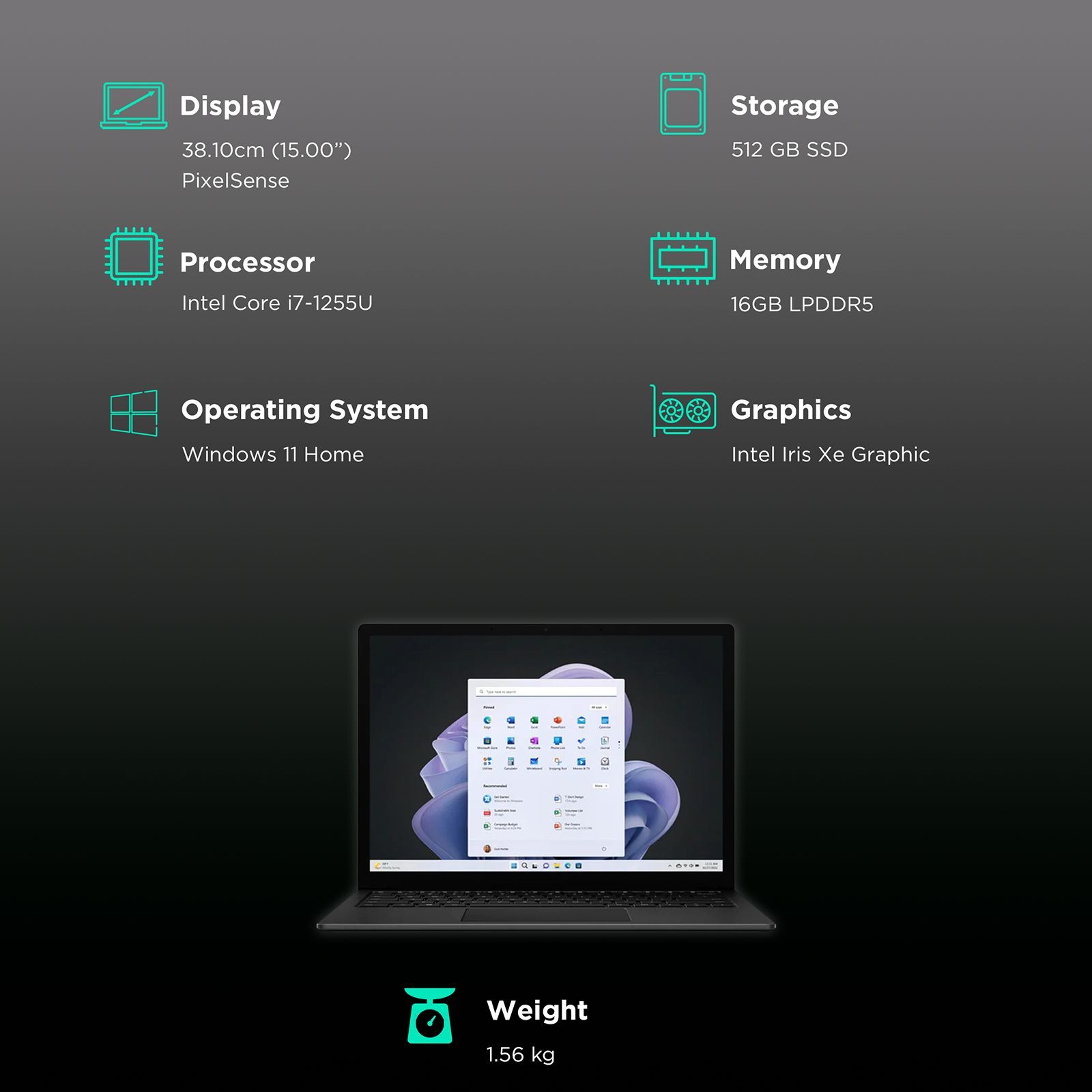 Microsoft Surface Laptop 5 Intel Core i7 12th Gen (15 inch, 16GB, 512GB, Windows 11, Intel Iris Xe Graphics, PixelSense Display, Matte Black, RIP-00048)_3