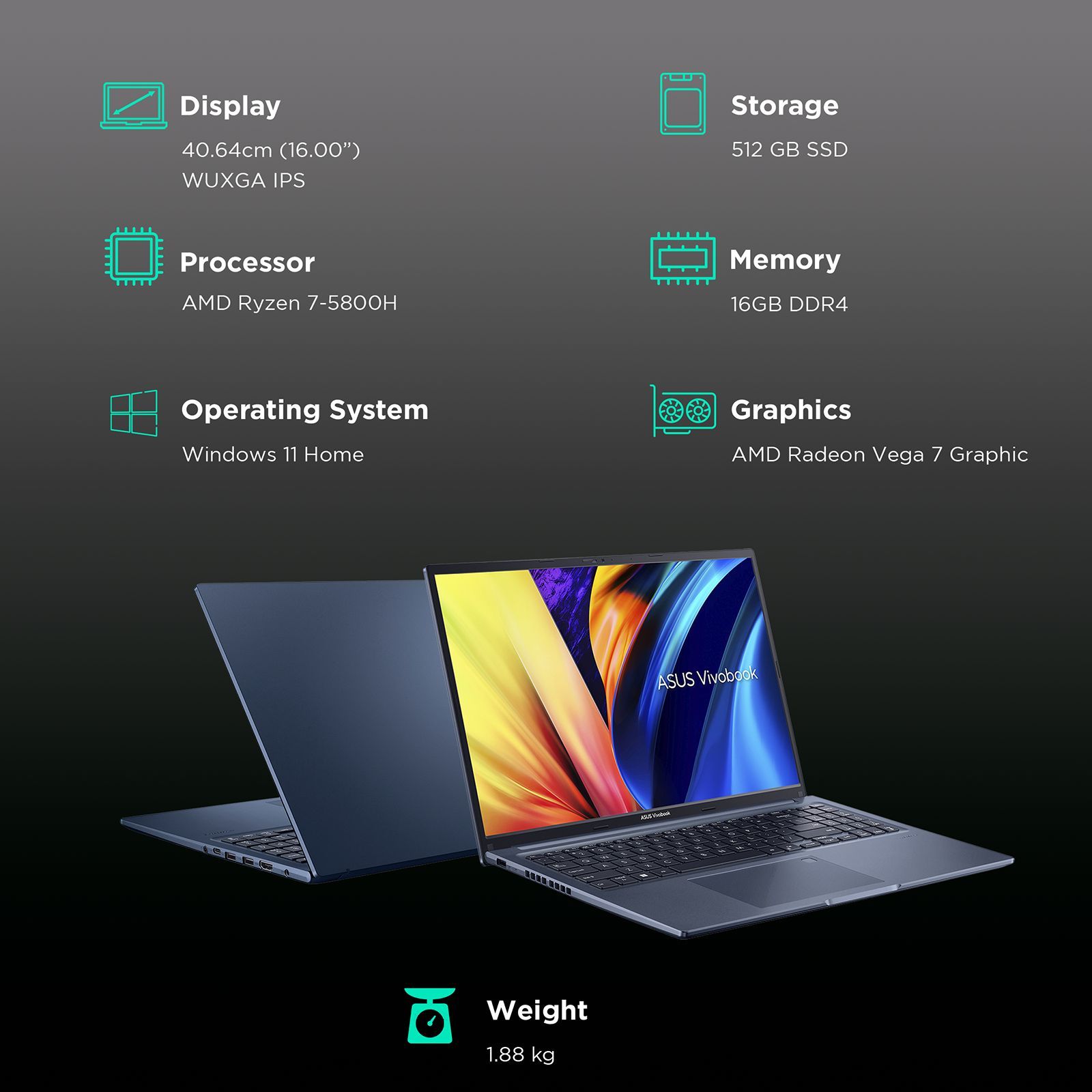 ASUS Vivobook 16X AMD Ryzen 7 Thin and Light Laptop (16GB, 512GB SSD, Windows 11 Home, 16 inch IPS Display, MS Office 2021, Quiet Blue, 1.8 KG)_3