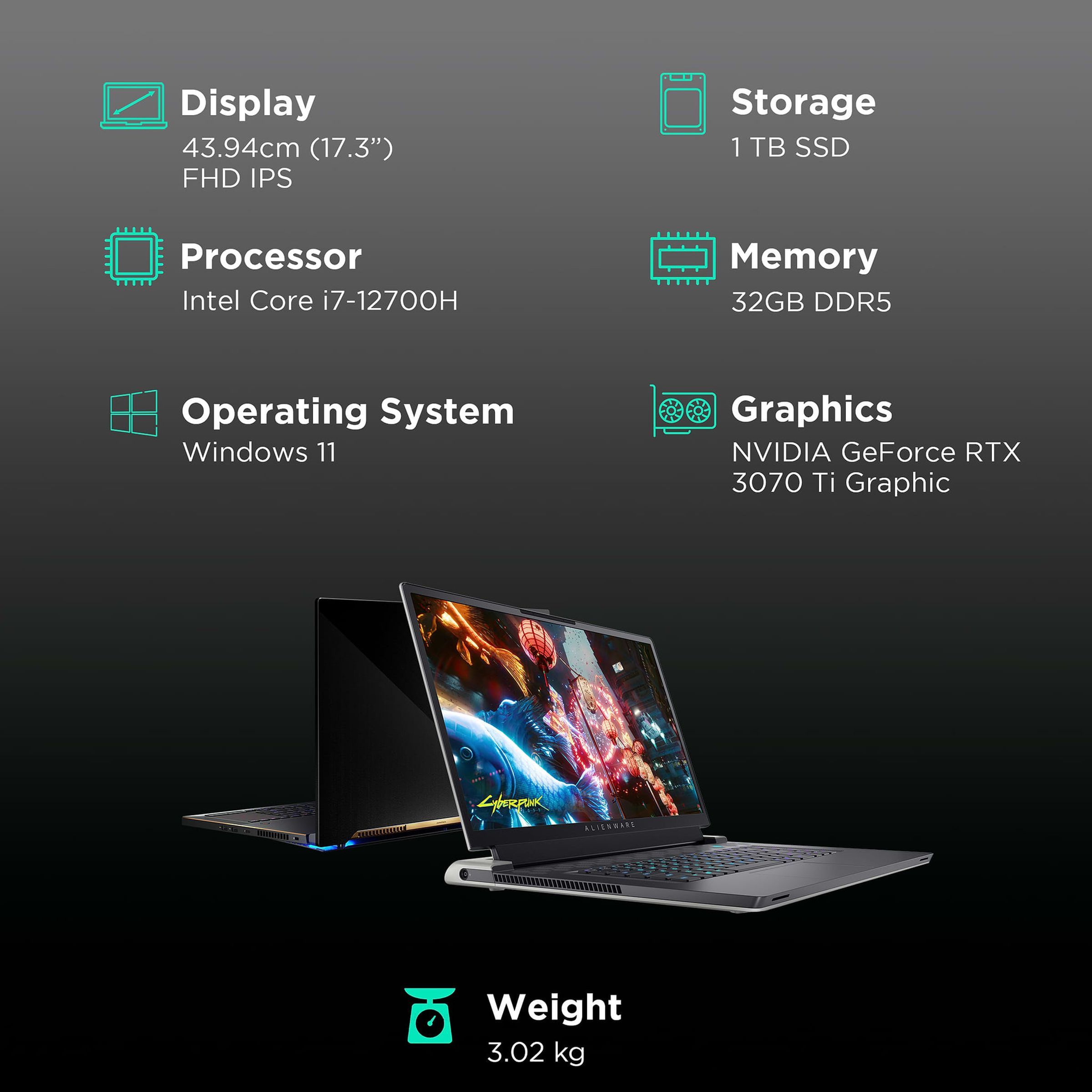 DELL Alienware X17 R2 Intel Core i9 12th Gen (17.3 inch, 32GB, 1TB, Windows 11, MS Office 2021, NVIDIA GeForce RTX 3070Ti Graphics, QHD Display, Lunar Light, D569945WIN9)_3