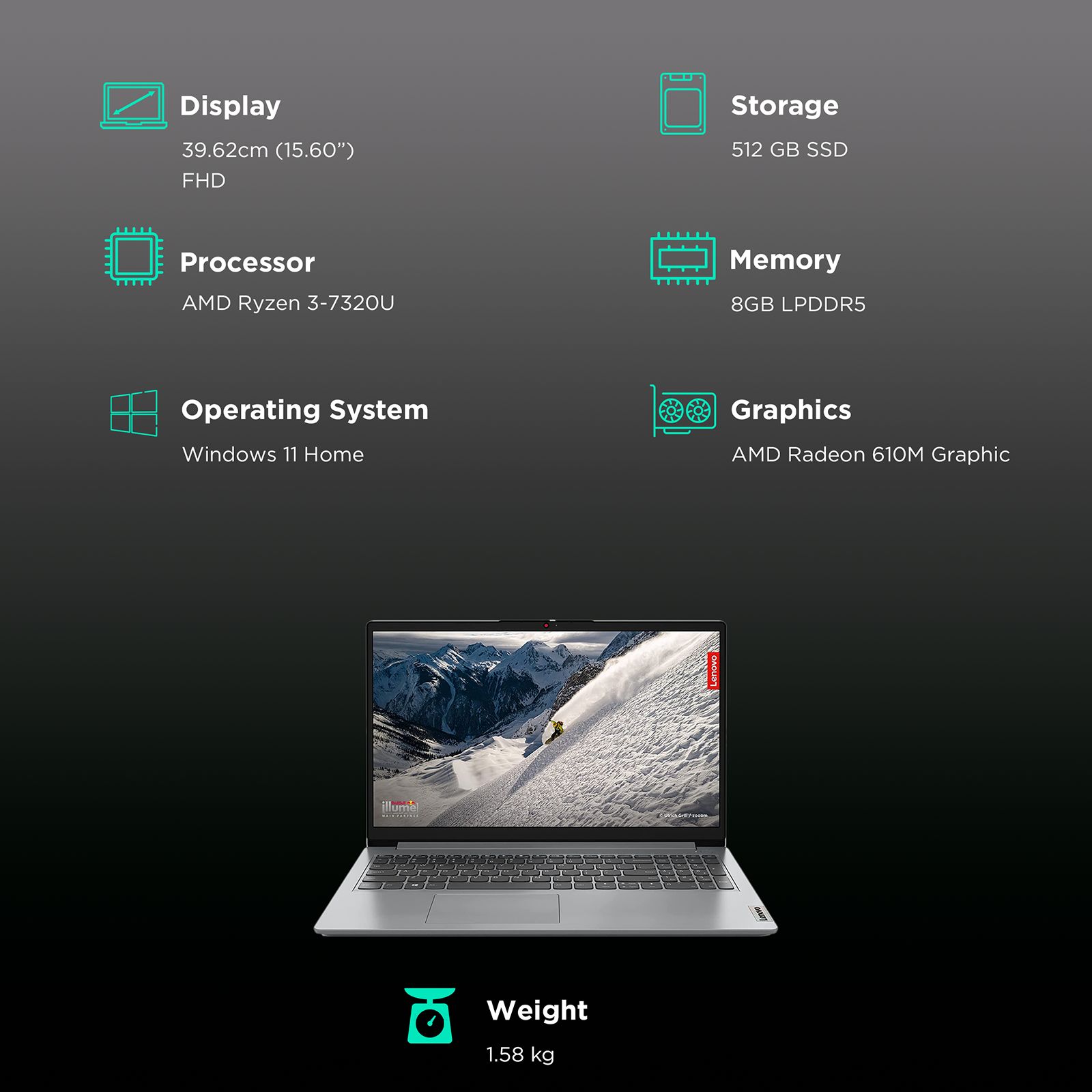 Lenovo IdeaPad 1 15AMN7 AMD Ryzen 3 (15.6 inch, 8GB, 512GB, Windows 11 Home, MS Office 2021, AMD Radeon 610M, Full HD Display, Cloud Grey, 82VG009MIN)_3