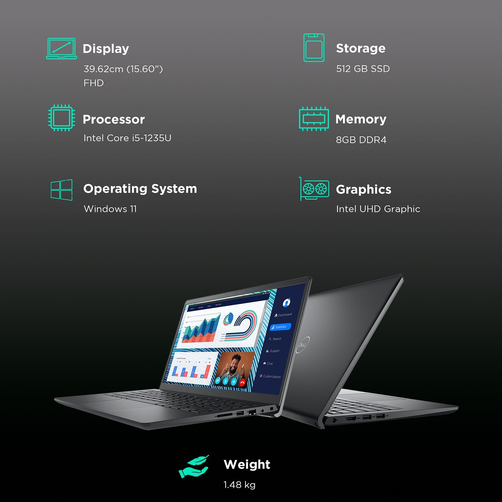 DELL Vostro 3420 Intel Core i5 12th Gen (14 inch, 8GB, 512GB, Windows 11, MS Office 2021, Intel UHD, Full HD Display, Black, D552317WIN9B)_3