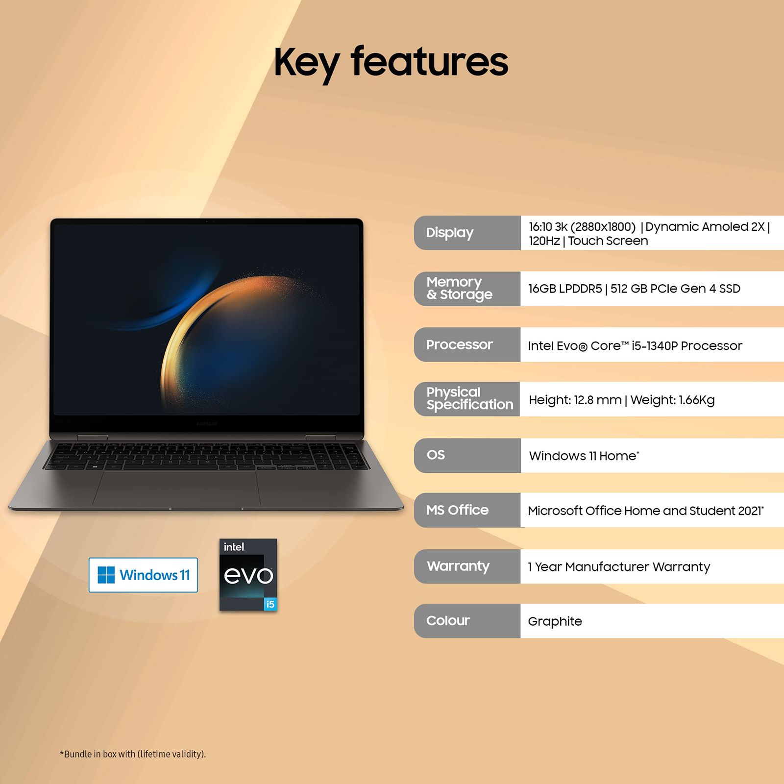SAMSUNG Galaxy Book3 Pro 360 Intel Evo Core i5 13th Gen (16 inch, 16GB, 512GB, Windows 11 Home, MS Office 2021, Intel Iris Xe, 3K WQXGA Plus 2x Dynamic AMOLED Display, Graphite, NP960QFG-KA2IN)_17