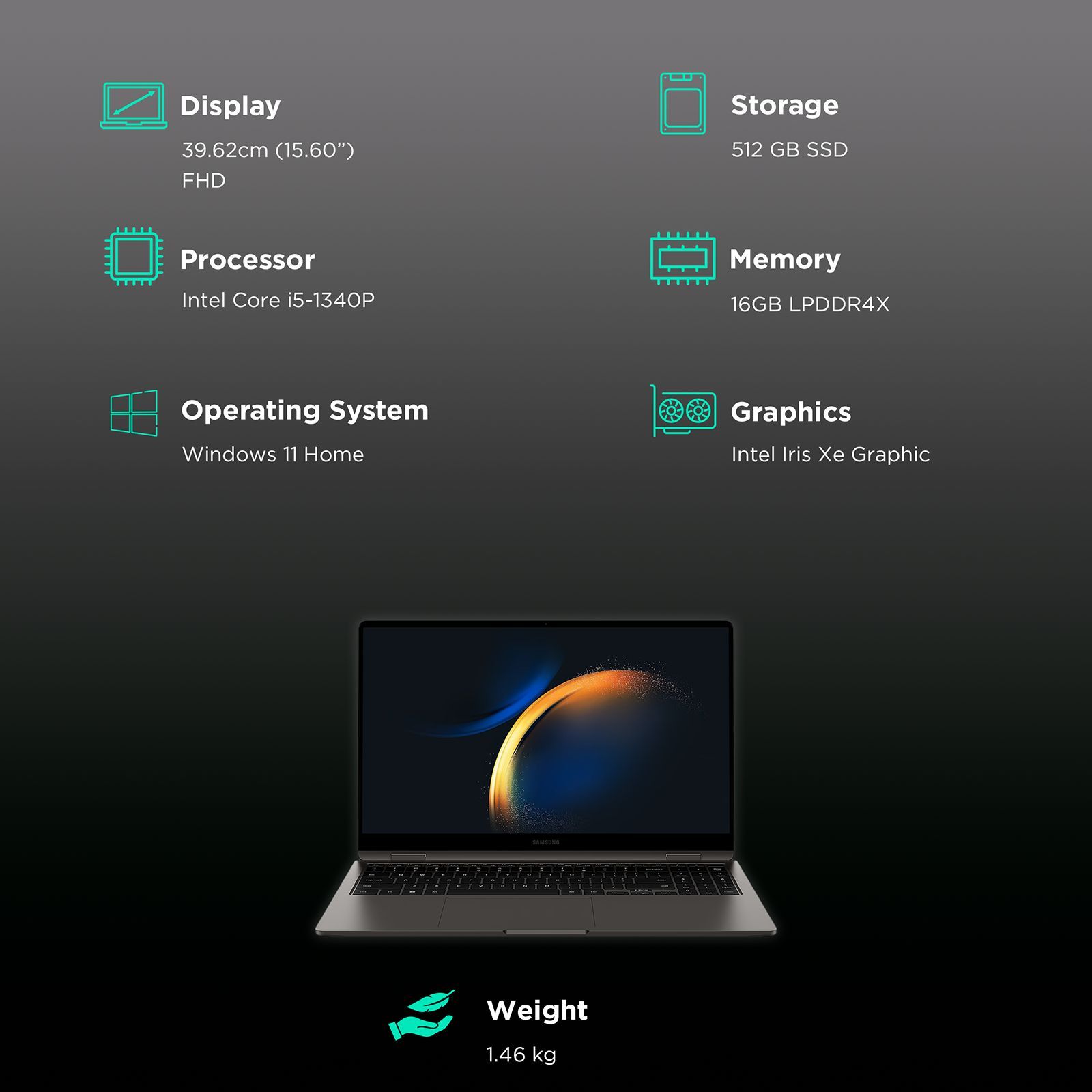 SAMSUNG Galaxy Book3 360 Intel Evo Core i5 13th Gen (15.6 inch, 16GB, 512GB, Windows 11 Home, MS Office 2021, Intel Iris Xe, FHD AMOLED, Graphite, NP750QFG-KA2IN)_3