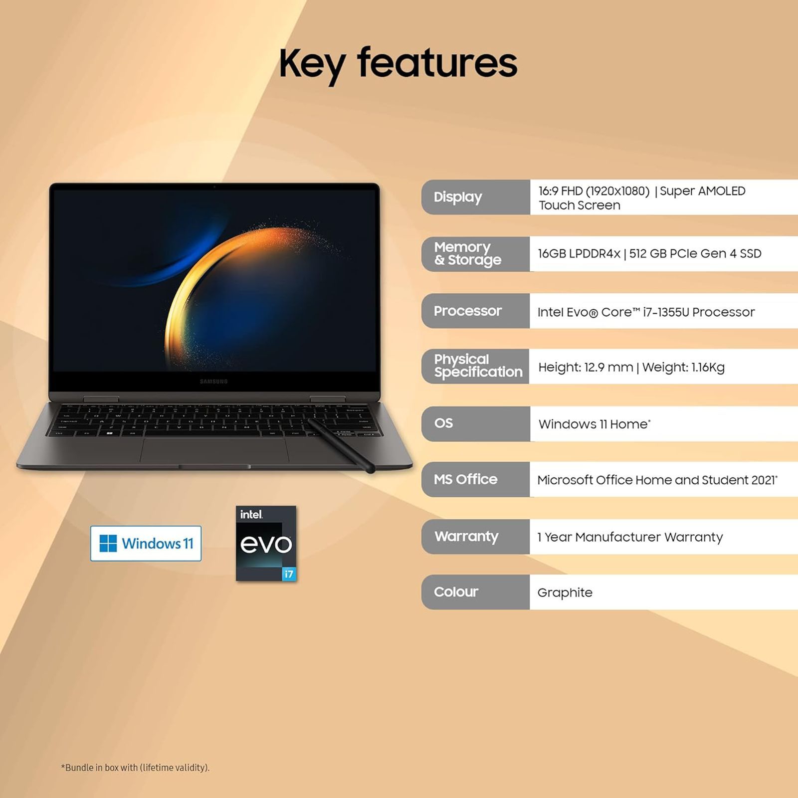 SAMSUNG Galaxy Book3 360 Intel Evo Core i7 13th Gen (13.3 inch, 16GB, 512GB, Windows 11 Home, MS Office 2021, Intel Iris Xe, FHD Super AMOLED Display, Graphite, NP730QFG-KA1IN)_13