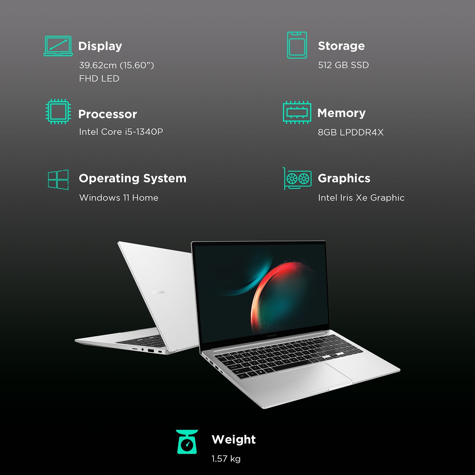 SAMSUNG Galaxy Book3 Intel Core i5 13th Gen (15.6 inch, 8GB, 512GB, Windows 11 Home, Intel Iris Xe, FHD LED Display, Silver, NP750XFG-KB1IN)_3