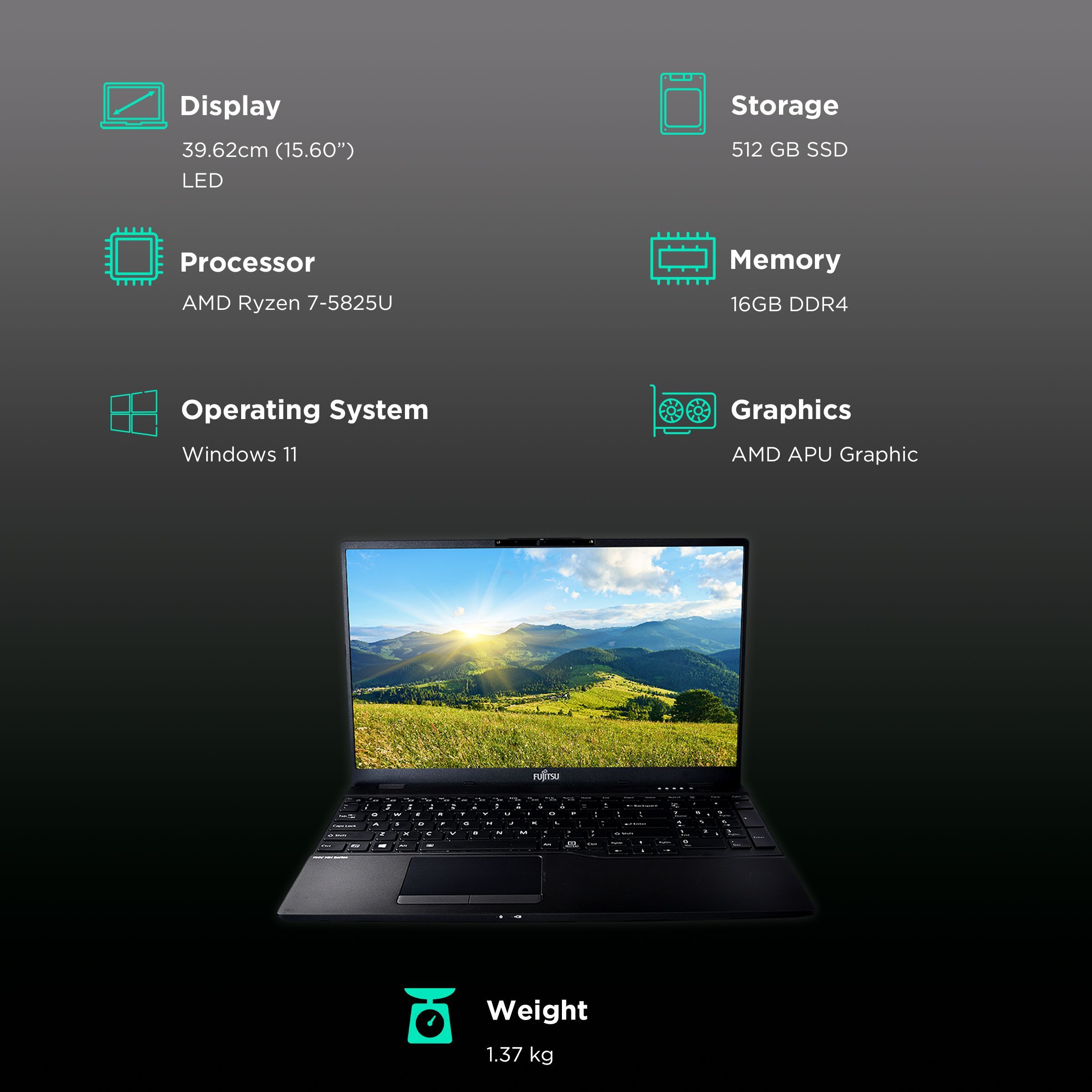 FUJITSU FMV MH AMD Ryzen 7 Zen 3 (15.6 inch, 16GB, 512GB, Windows 11 Home, AMD APU, LED Display, Black, 4ZR1K10326)_3