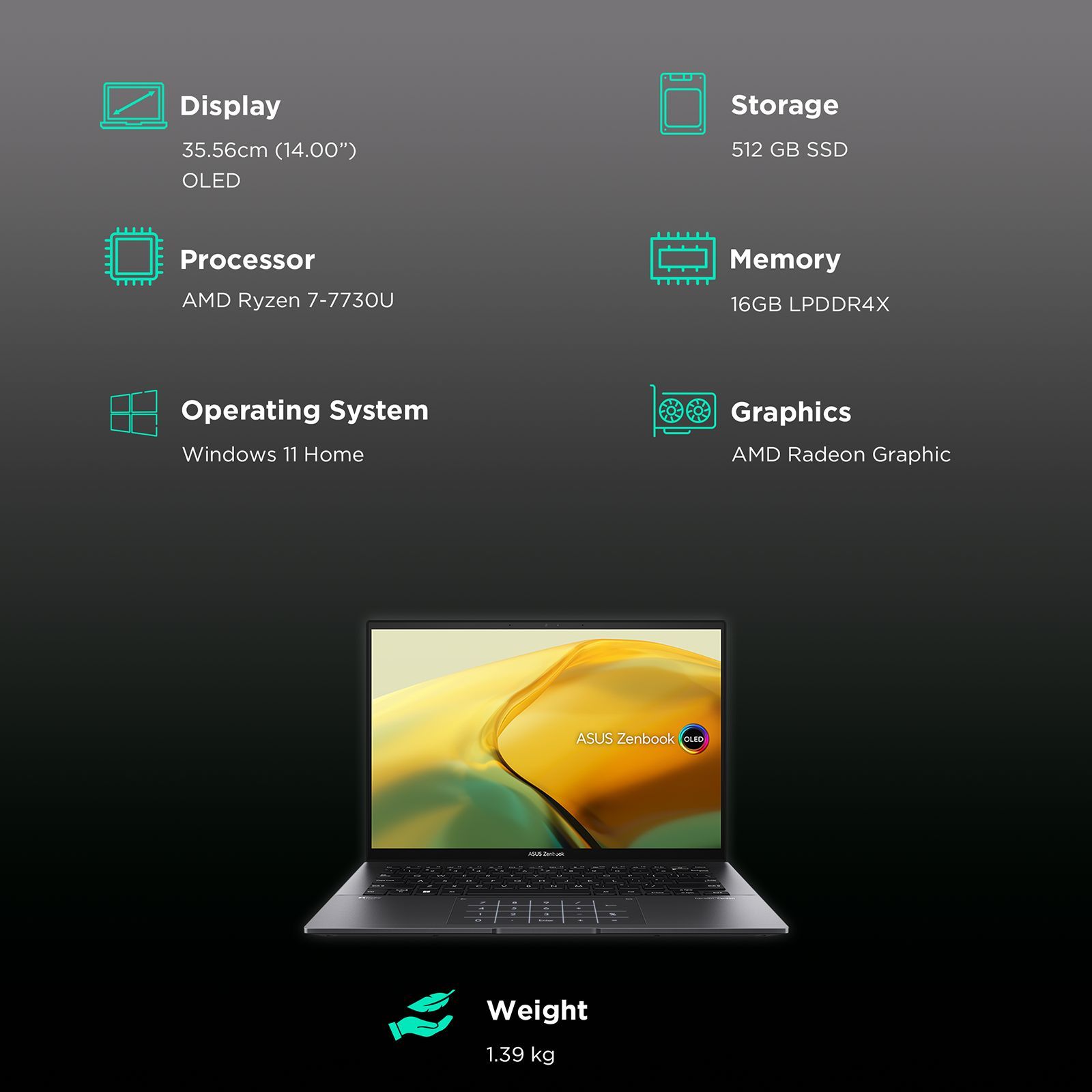 ASUS Zenbook AMD Ryzen 7 (14 inch, 16GB, 512GB, Windows 11 Home, MS Office 2021, AMD Radeon Graphics, OLED Display, Jade Black, UM3402YA-KM741WS)_3