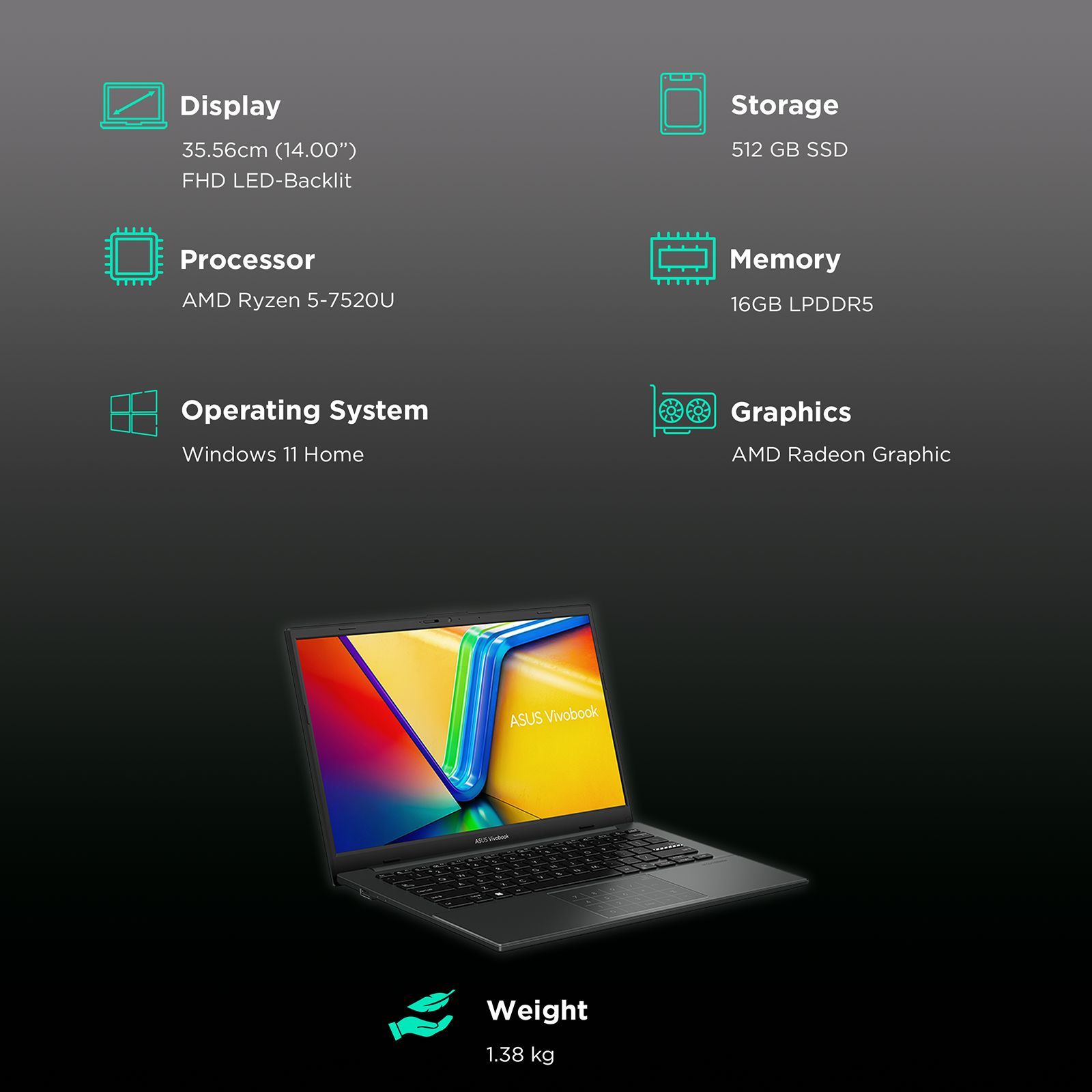 ASUS Vivobook Go AMD Ryzen 5 Thin and Light Laptop (16GB, 512GB SSD, Windows 11 Home, 14 inch FHD LED Display, MS Office 2021, Mixed Black, 1.38 KG)_3