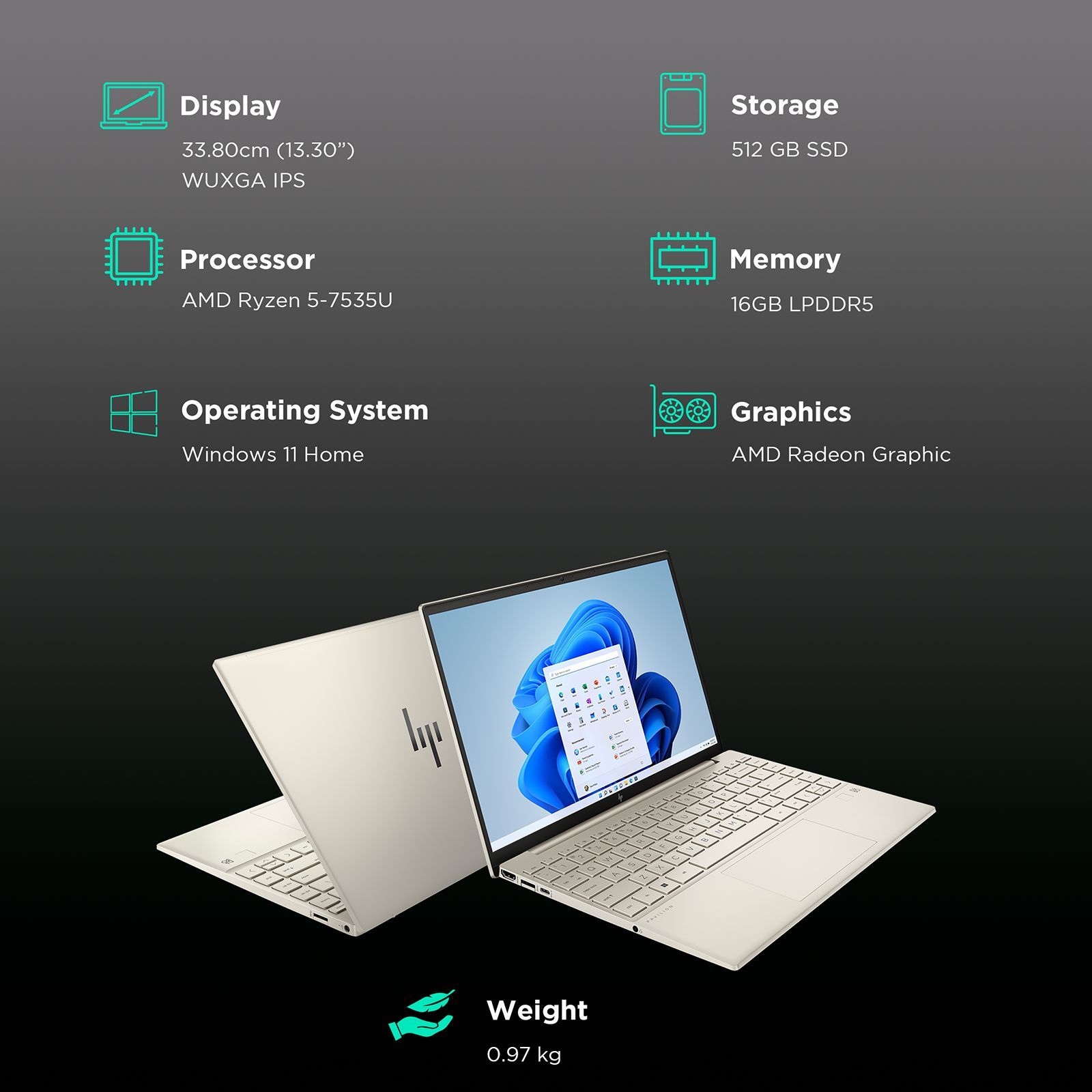 HP Pavilion Aero BE2055AU AMD Ryzen 5 (13.3 inch, 16GB, 512GB, Windows 11 Home, MS Office 2021, AMD Radeon, WUXGA IPS Display, Warm Gold, SM-A346ELVEINS)_3