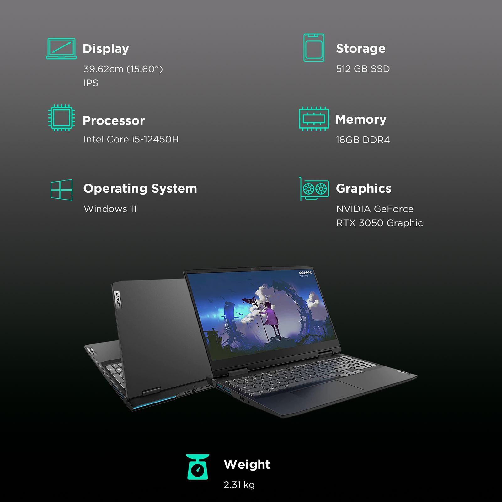 Lenovo IdeaPad Gaming 3 15IAH7 Intel Core i5 12th Gen (15.6 inch, 16GB, 512GB, Windows 11 Home, MS Office 2021, NVIDIA GeForce RTX 3050, Full HD IPS Display, Onyx Grey, 82S900HNIN)_3