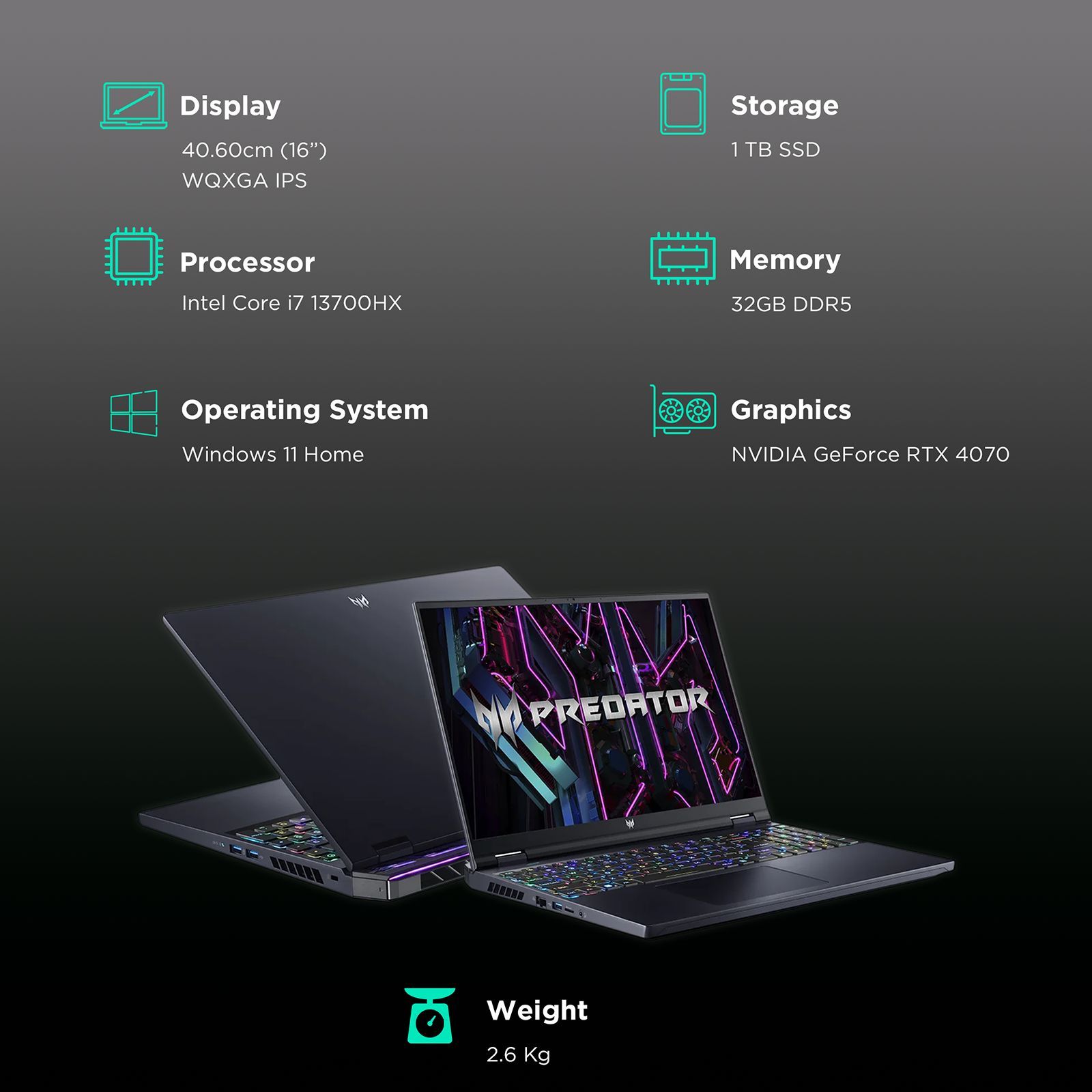 acer Predator Helios 16 Intel Core i7 13th Gen (16 inch, 32GB, 1TB, Windows 11 Home, NVIDIA GeForce RTX 4070, WQXGA IPS Display, Abyssal Black, NH.QJRSI.001)_3