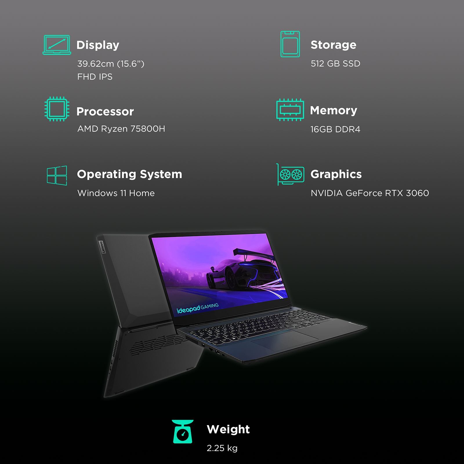 Lenovo IdeaPad Gaming 3 AMD Ryzen 7 (15.6 inch, 16GB, 512GB, Windows 11 Home, MS Office 2021, NVIDIA GeForce RTX 3060, Full HD IPS Display, Shadow Black, 82K201UNIN)_3