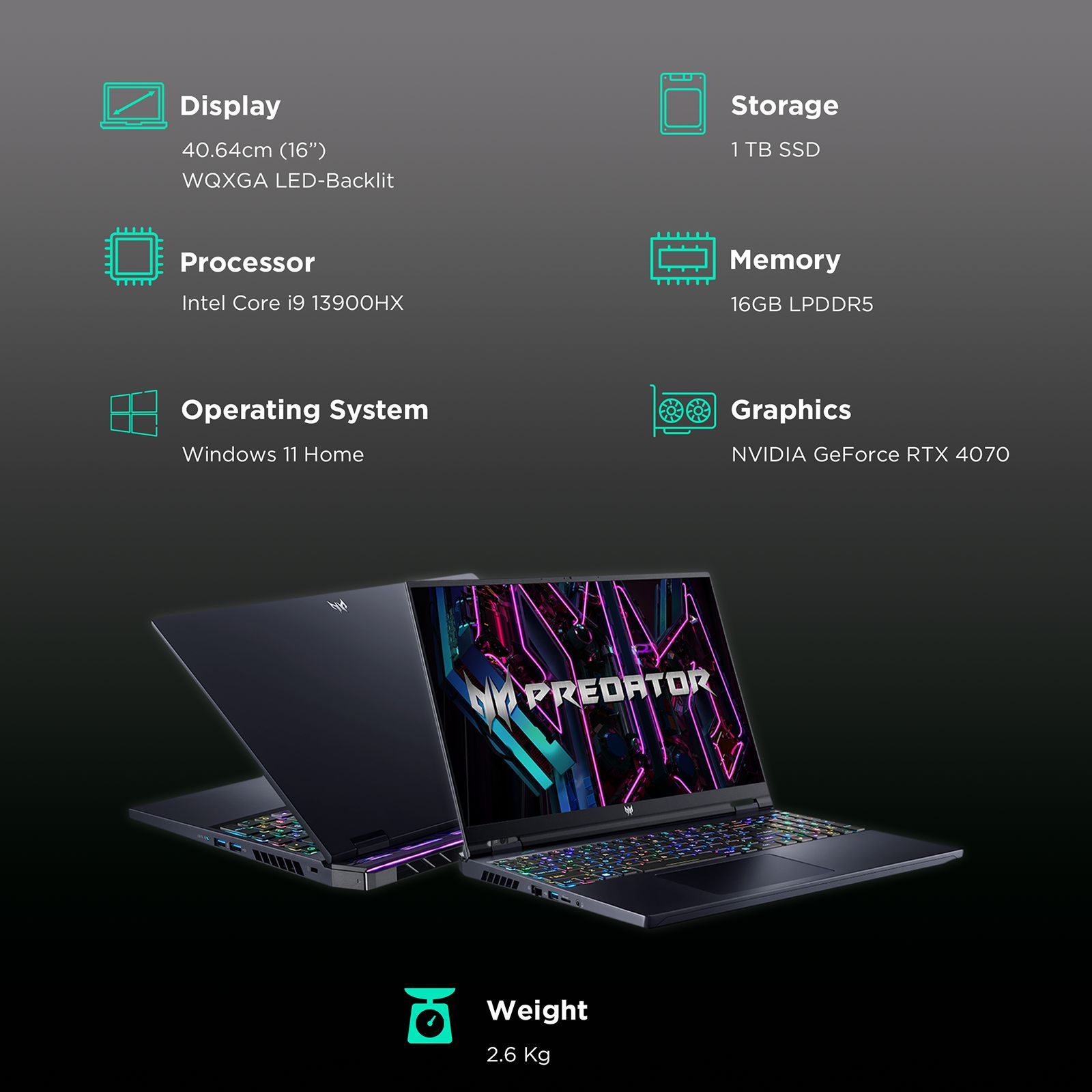 acer Predator Helios 16 Intel Core i9 13th Gen Gaming Laptop (16GB, 1TB SSD, Windows 11, 16 inch WQXGA LED Backlit Display, NVIDIA GeForce RTX 4070, Abyssal Black)_3