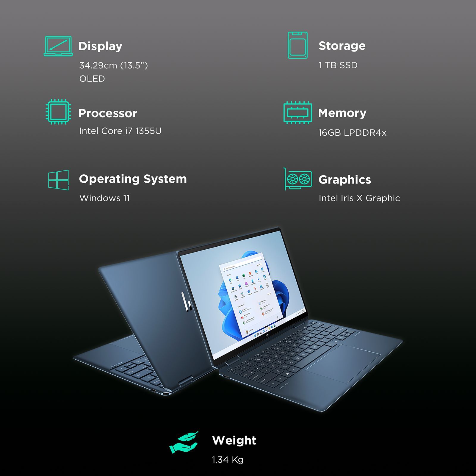 HP Spectre x360 14 Intel Core i7 13th Gen (13.5 inch, 16GB, 1TB, Windows 11, MS Office 2021, Intel Iris X, OLED Display, Nocturne Blue, 7Y6T9PA)_3