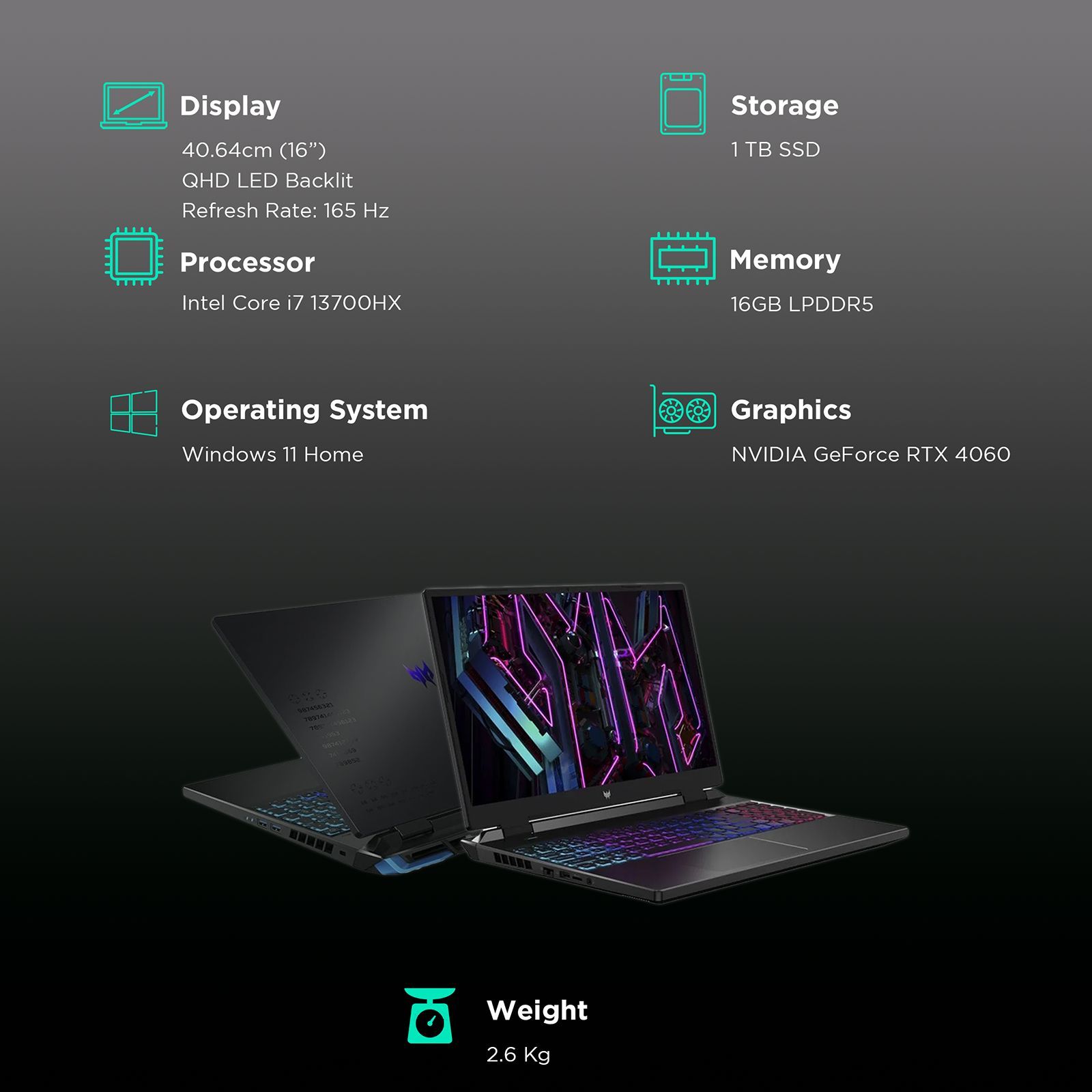 acer Predator Helios Neo 16 PHN16-71-79UJ Intel Core i7 13th Gen Gaming Laptop (16GB, 1TB SSD, Windows 11 Home, 8GB Graphics, 16 inch 165 Hz QHD LED Display, NVIDIA GeForce RTX 4060, Obsidian Black, 2.8 KG)_3