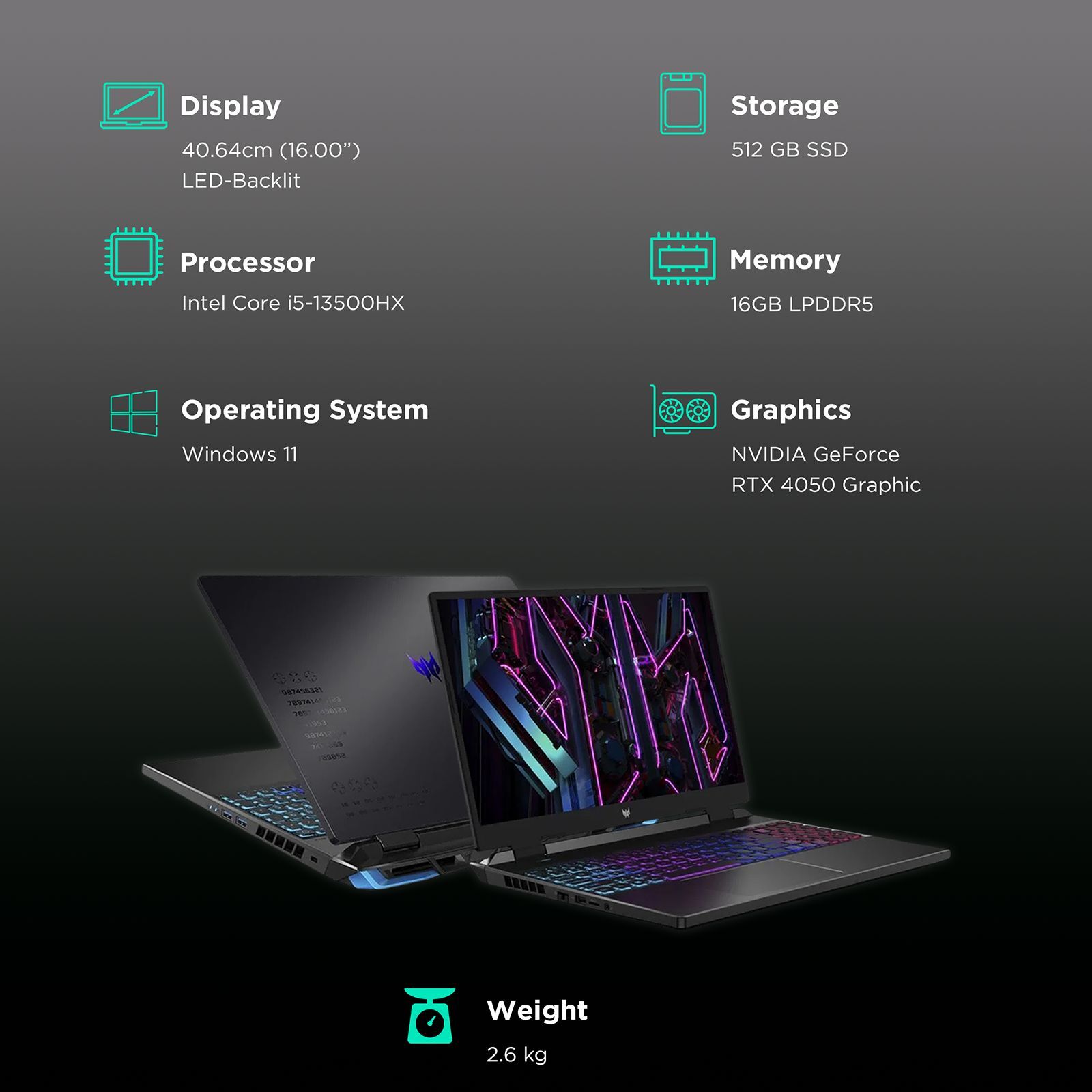 acer 16 Predator Neo Intel Core i5 13th Gen Gaming Laptop (16GB, 512GB SSD, Windows 11 Home, 6GB Graphics, 16 inch 165 Hz QHD LED Backlit Display, NVIDIA GeForce RTX 4050, Obsidian Black, 2.6 KG)_3