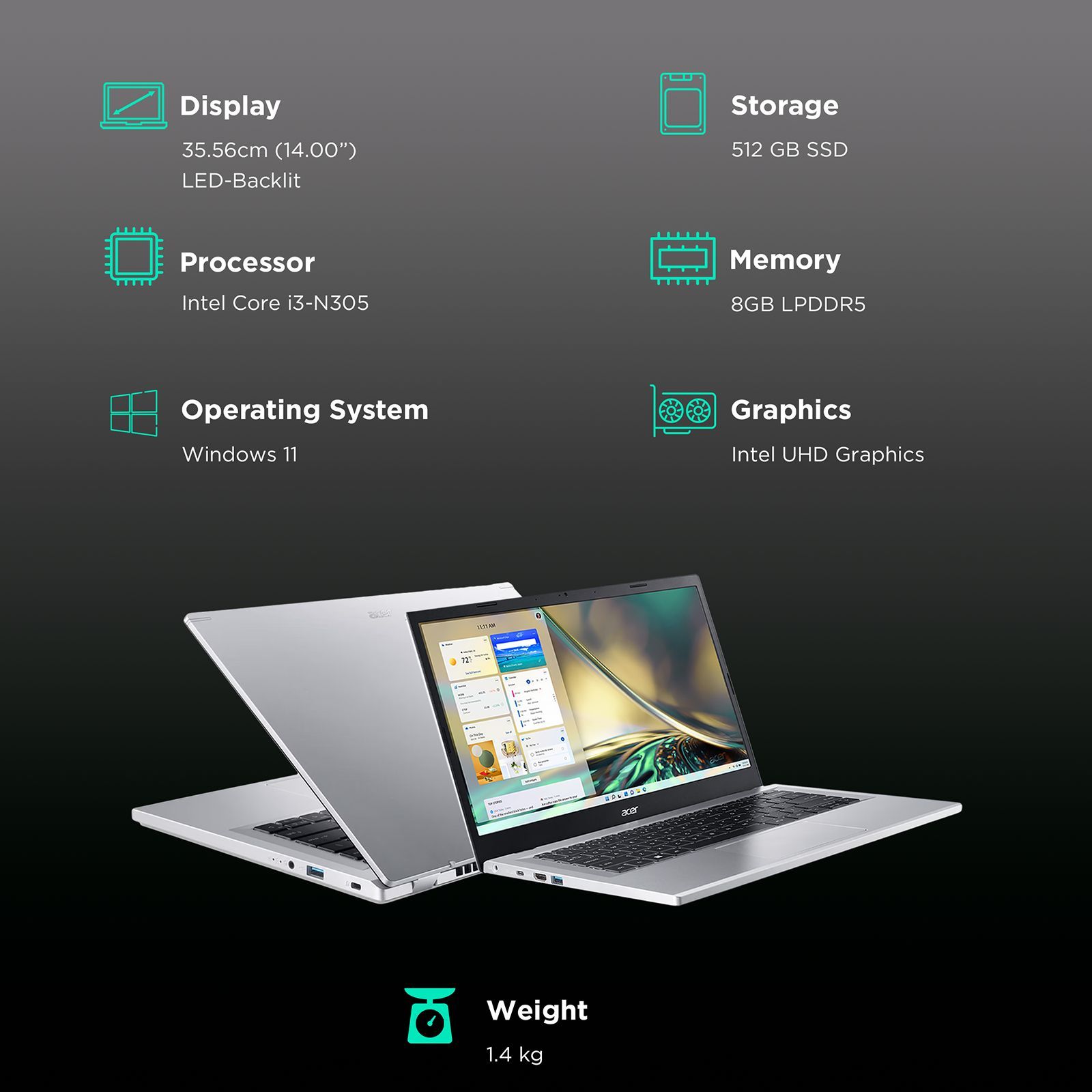 acer Aspire 3 Intel Core i3 Thin and Light Laptop (8GB, 512GB SSD, Windows 11 Home, 14 inch LED Backlit Display, MS Office 2021, Pure Silver, 1.4 KG)_3