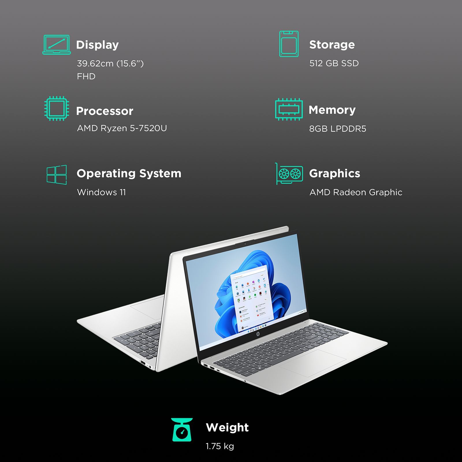 HP 15-fc0028AU AMD Ryzen 5 (15.6 inch, 8GB, 512GB, Windows 11, MS Office 2021, AMD Radeon, FHD Display, Natural Silver, 7L032PA)_3