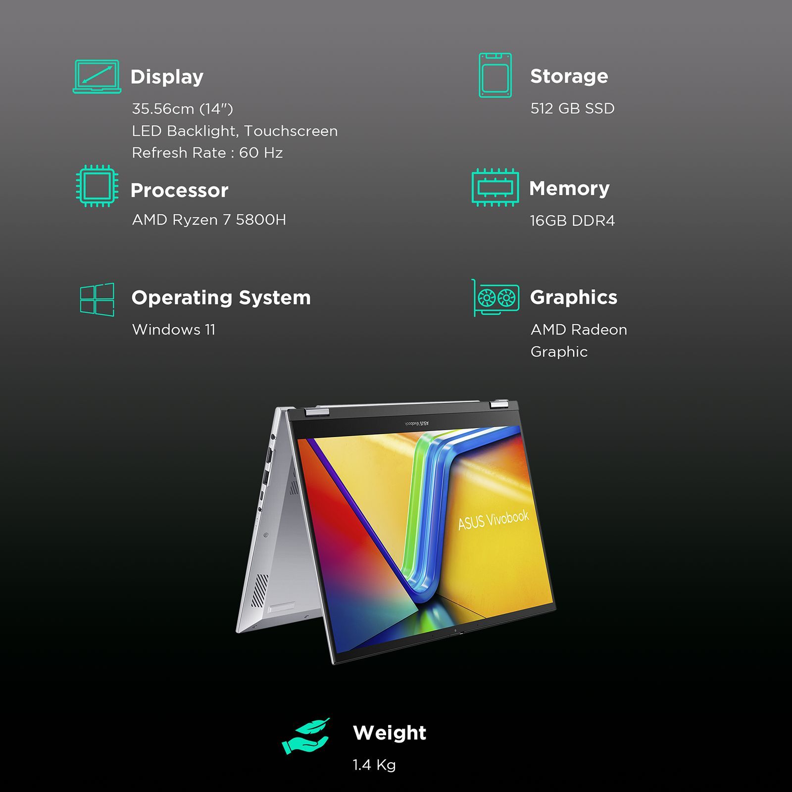 ASUS Vivobook S 14 Flip AMD Ryzen 7 Touchscreen Thin and Light Laptop (16GB, 512GB SSD, Windows 11 Home, 14 inch WUXGA FHD Plus Display, MS Office 2021, Cool Silver, 1.5 KG)_2