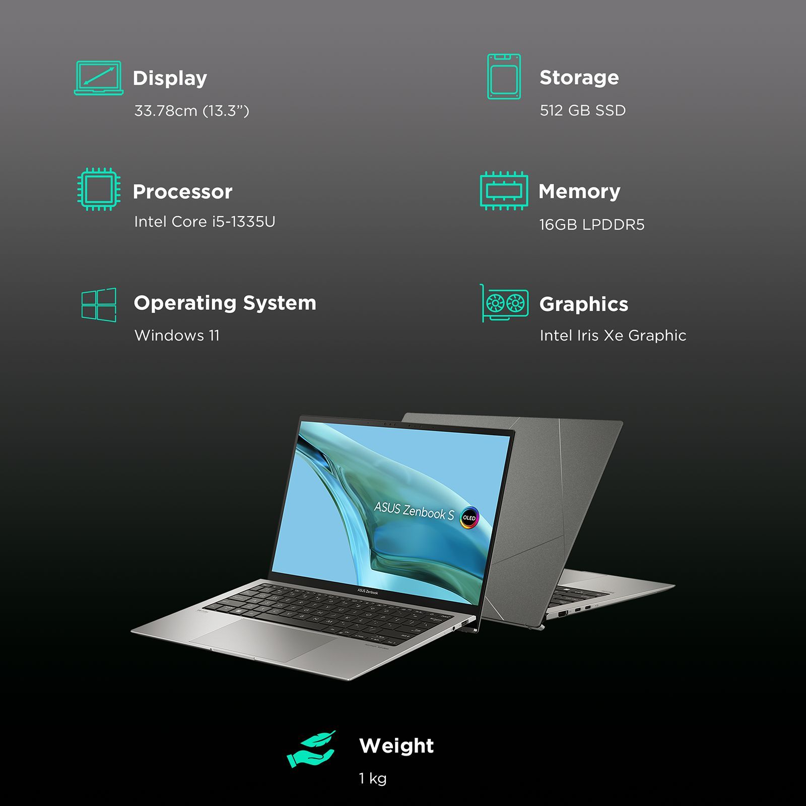 ASUS Zenbook S Intel Evo Core i5 13th Gen (13 inch, 16GB, 512GB, Windows 11, MS Office 2021, Intel Iris Xe Graphics, OLED Display, Basalt Grey, UX5304VA-NQ542WS)_3