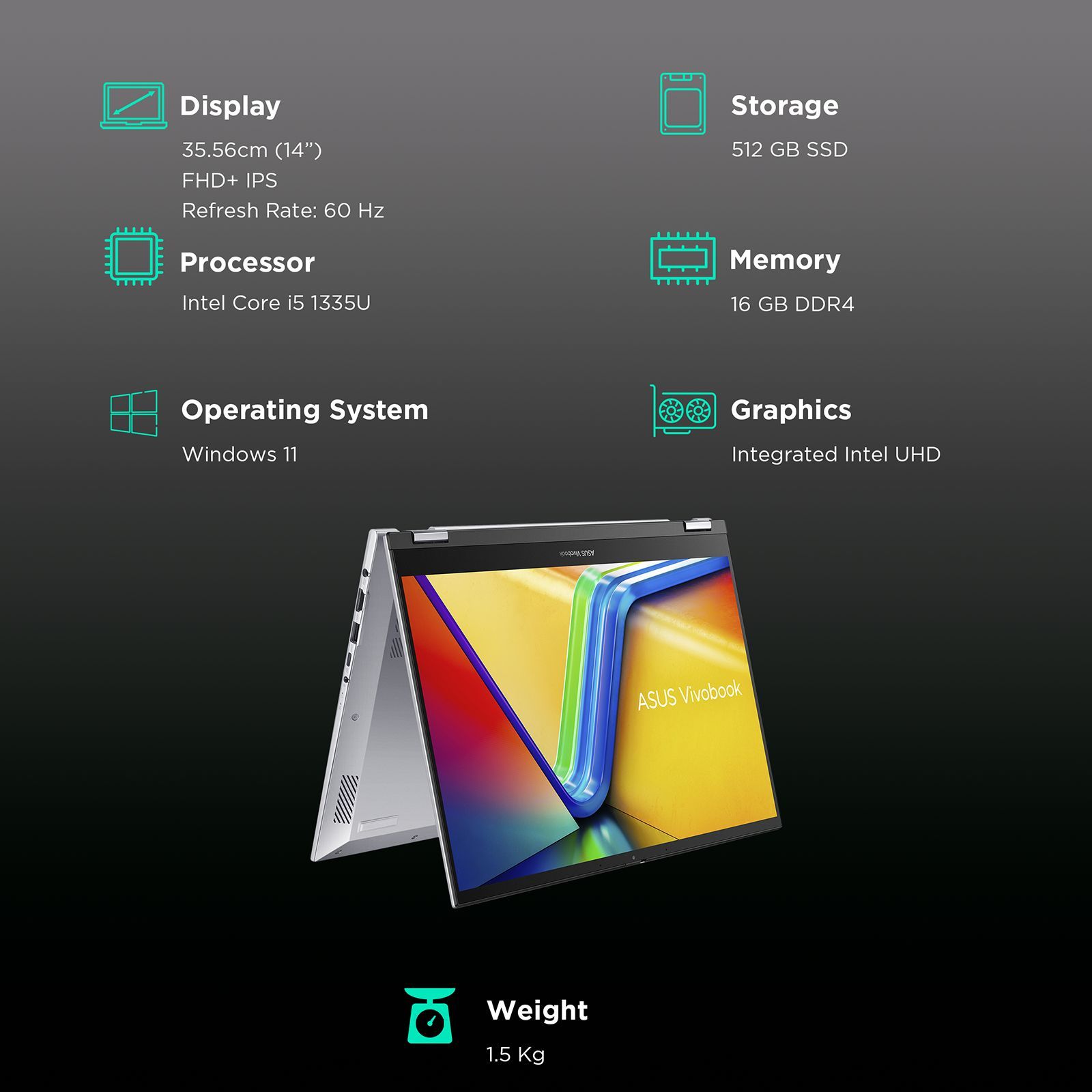 ASUS Vivobook S 14 Flip Intel Core i5 13th Gen Touchscreen Thin and Light Laptop (16GB, 512GB SSD, Windows 11 Home, 14 inch LED Backlight Display, MS Office 2021, Cool Silver, 1.5 KG)_3