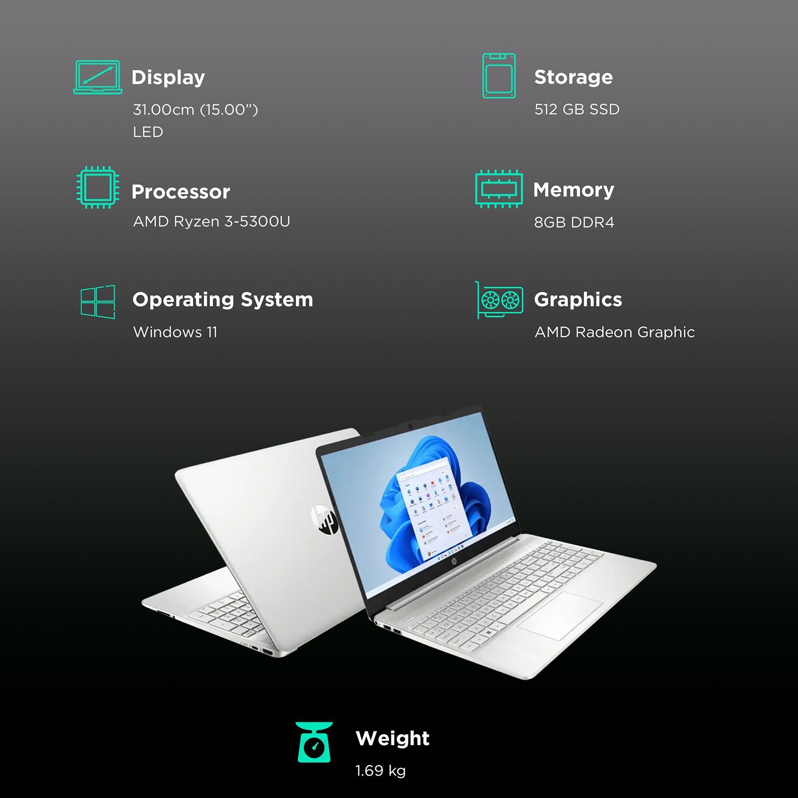 HP 15s- eq2213AU AMD Ryzen 3 (15 inch, 8GB, 512GB, Windows 11, MS Office 2021, AMD Radeon Graphics, LED Display, Natural Silver, 7G6H2PA)_3