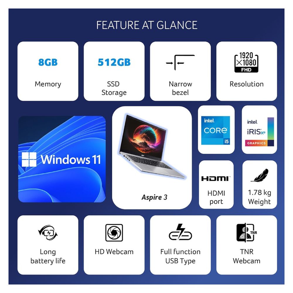 acer Aspire 3 Intel Core i3 12th Gen Laptop (8GB, 512GB SSD, Windows 11 Home, 15.6 inch LED Backlit Display, MS Office 2021, Silver, 1.78 KG)_14