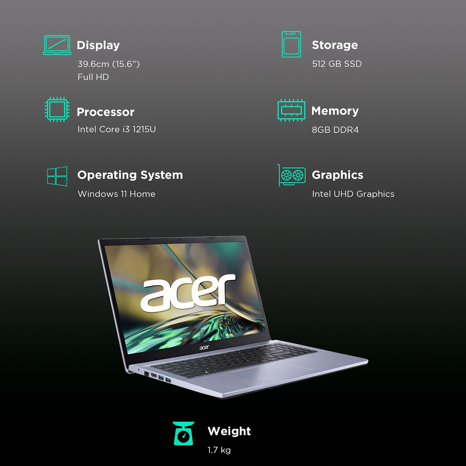 acer Aspire 3 Intel Core i3 12th Gen Laptop (8GB, 512GB SSD, Windows 11 Home, 15.6 inch LED Backlit Display, MS Office 2021, Silver, 1.78 KG)_3