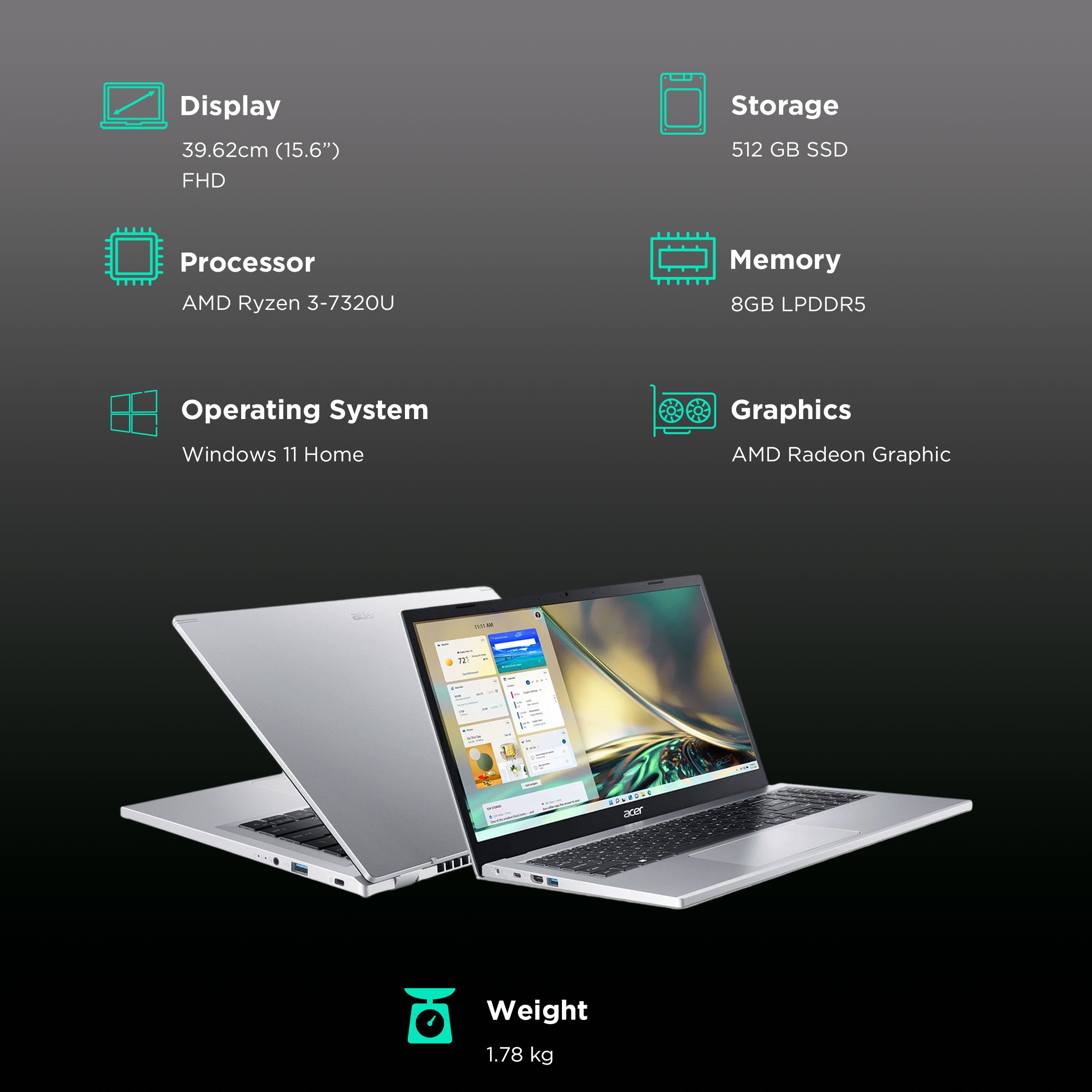 acer Aspire 3 AMD Ryzen 3 Thin and Light Laptop (8GB, 512GB SSD, Windows 11 Home, 15.6 inch FHD LED Backlit Display, MS Office 2021, Silver, 1.78 KG) acer Aspire 3 AMD Ryzen 3 Thin and Light Laptop (8GB, 512GB SSD, Windows 11 Home, 15.6 inch FHD LED Backlit Display, MS Office 2021, Silver, 1.78 KG)_3