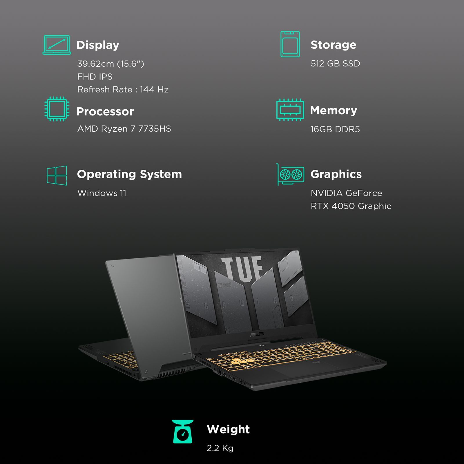 ASUS TUF Gaming A15 FA577NU-LP082W AMD Ryzen 7 Gaming Laptop (16GB, 512GB SSD, Windows 11 Home, 6GB Graphics, 15.6 inch FHD IPS Display, Jaeger Gray, 2.2Kg)_3