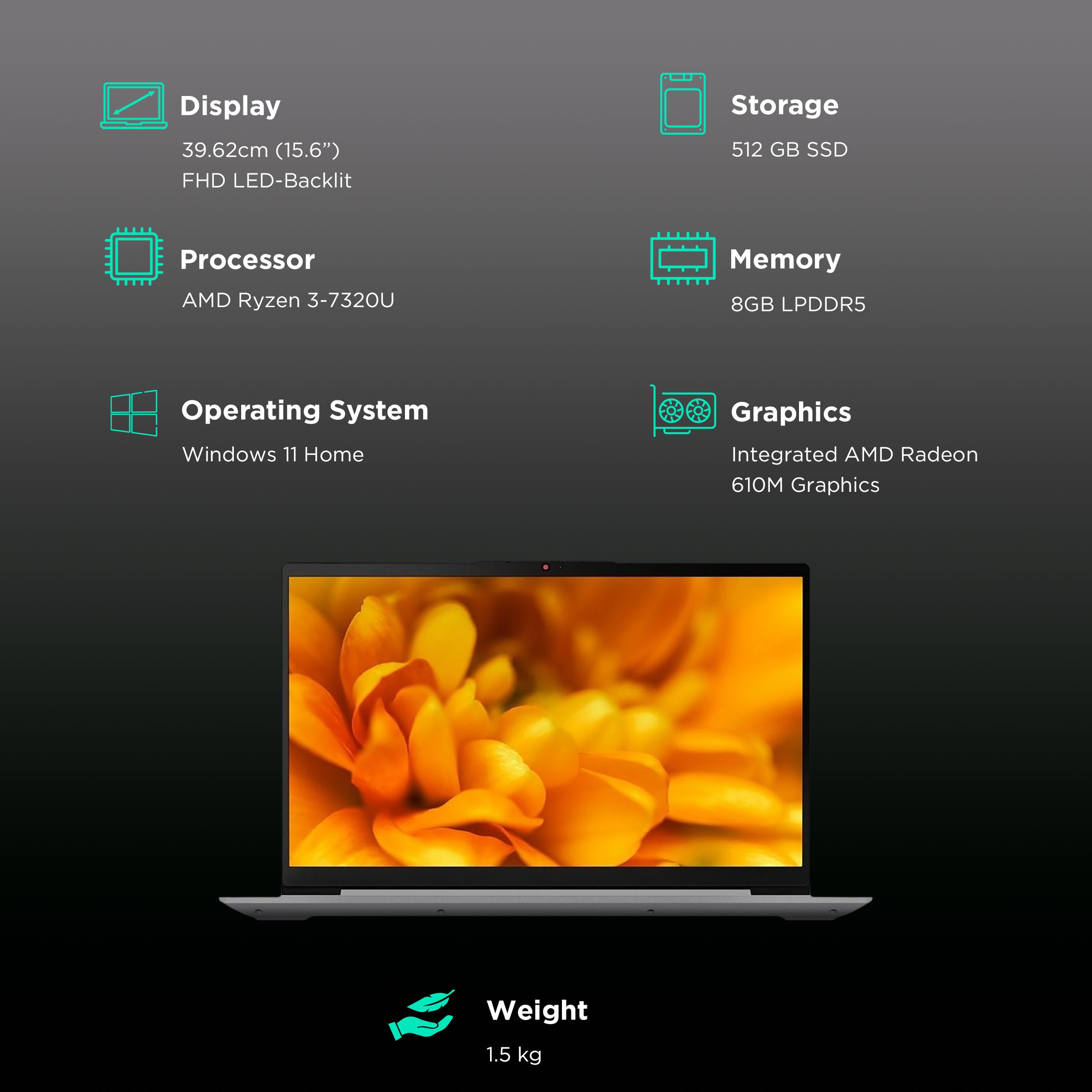 Lenovo IdeaPad Slim 3 15AMN8 AMD Ryzen 3 7320U Thin & Light Laptop (8GB, 512GB SSD, Windows 11 Home, 15.6 inch Full HD Display, MS Office 2021, Arctic Grey, 1.62 KG)_3