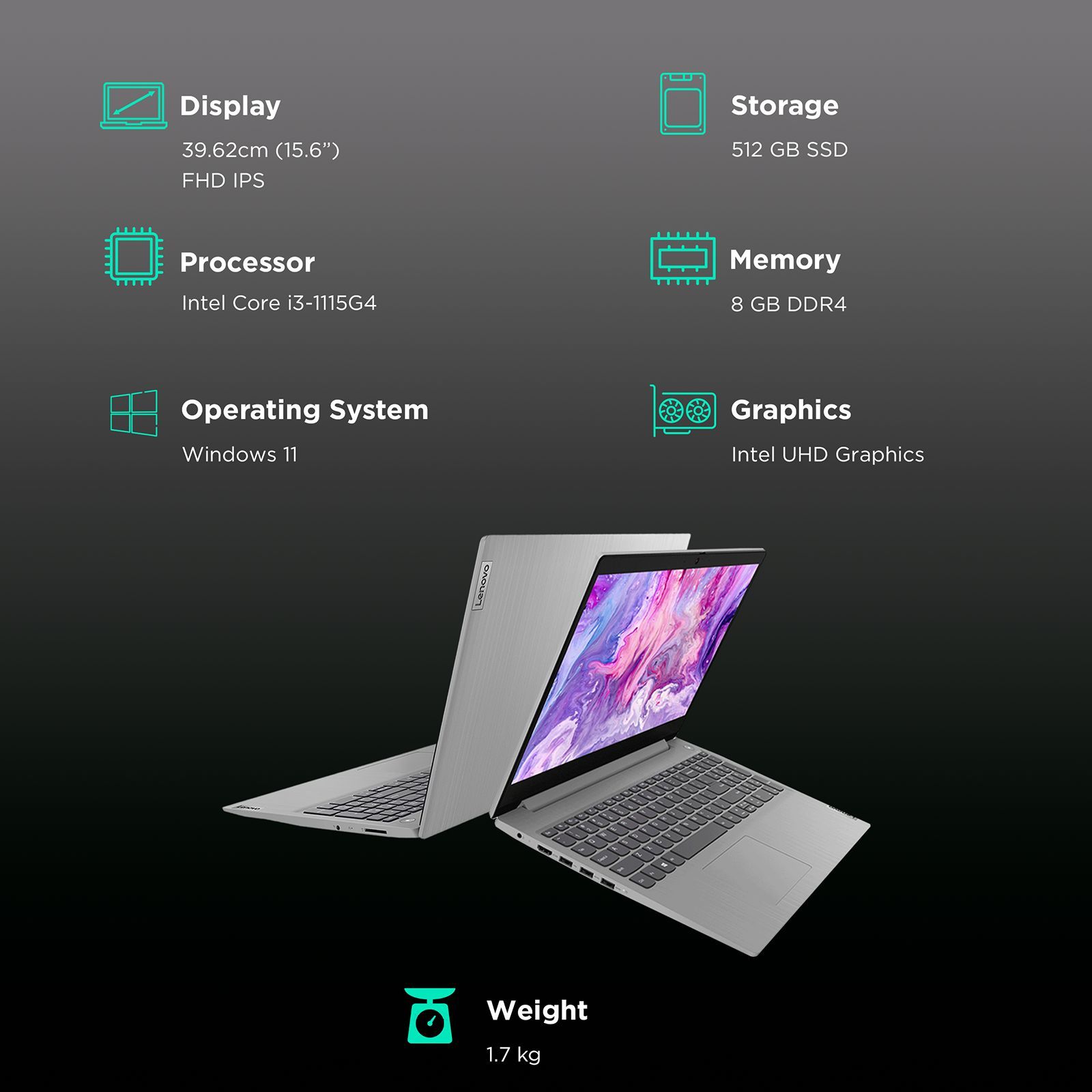 Lenovo IdeaPad 3 15ITL05 Intel Core i3 11th Gen (15.6 inch, 8GB, 512GB, Windows 11 Home, MS Office 2021, Intel UHD, Full HD Display, Platinum Grey, 81X800N2IN)_3