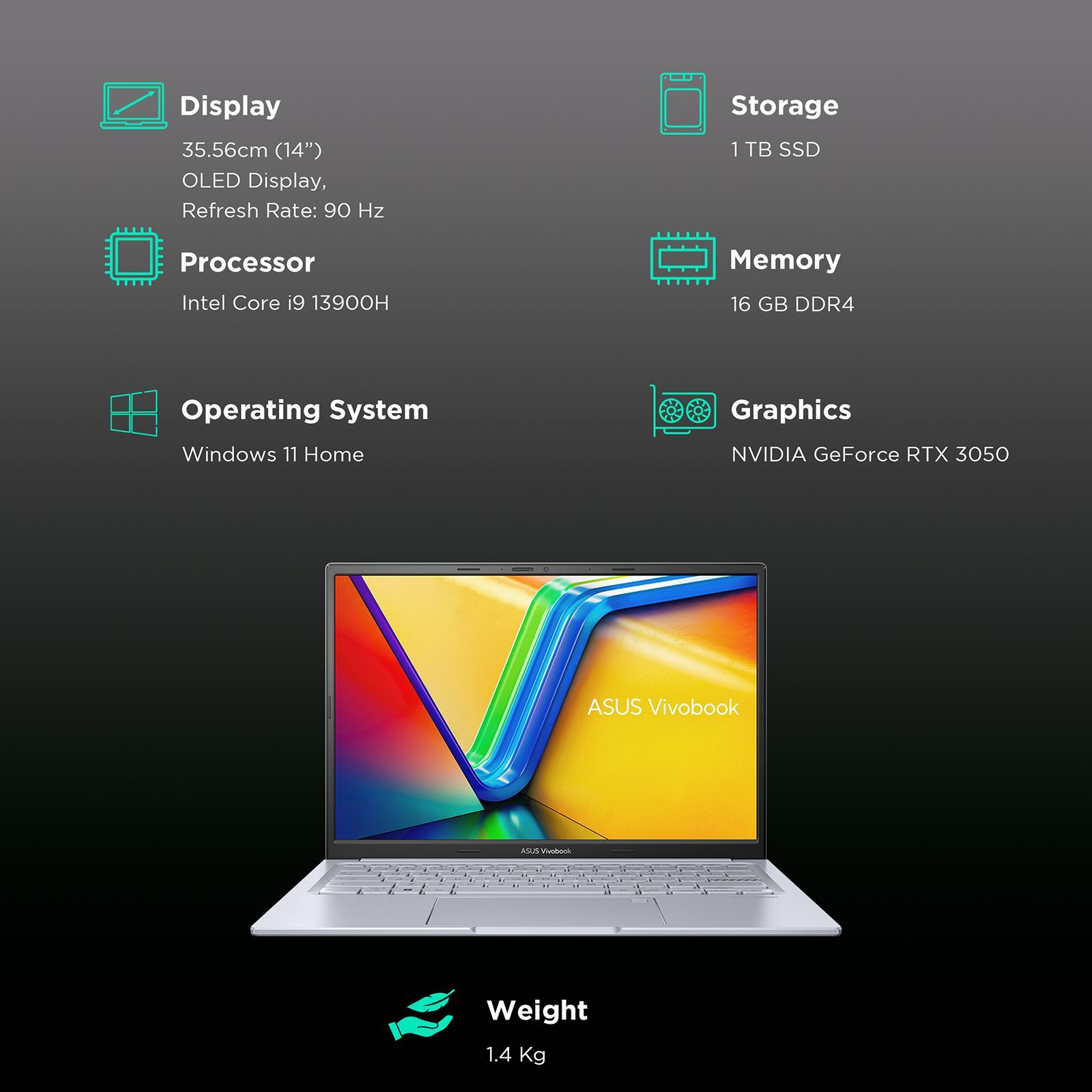 ASUS Vivobook 14X Intel Core i9 13th Gen Laptop (16GB, 1TB SSD, Windows 11 Home, 4GB GDDR6, 14 inch OLED Display, MS Office 2021, Cool Silver, 1.4 Kg)_3