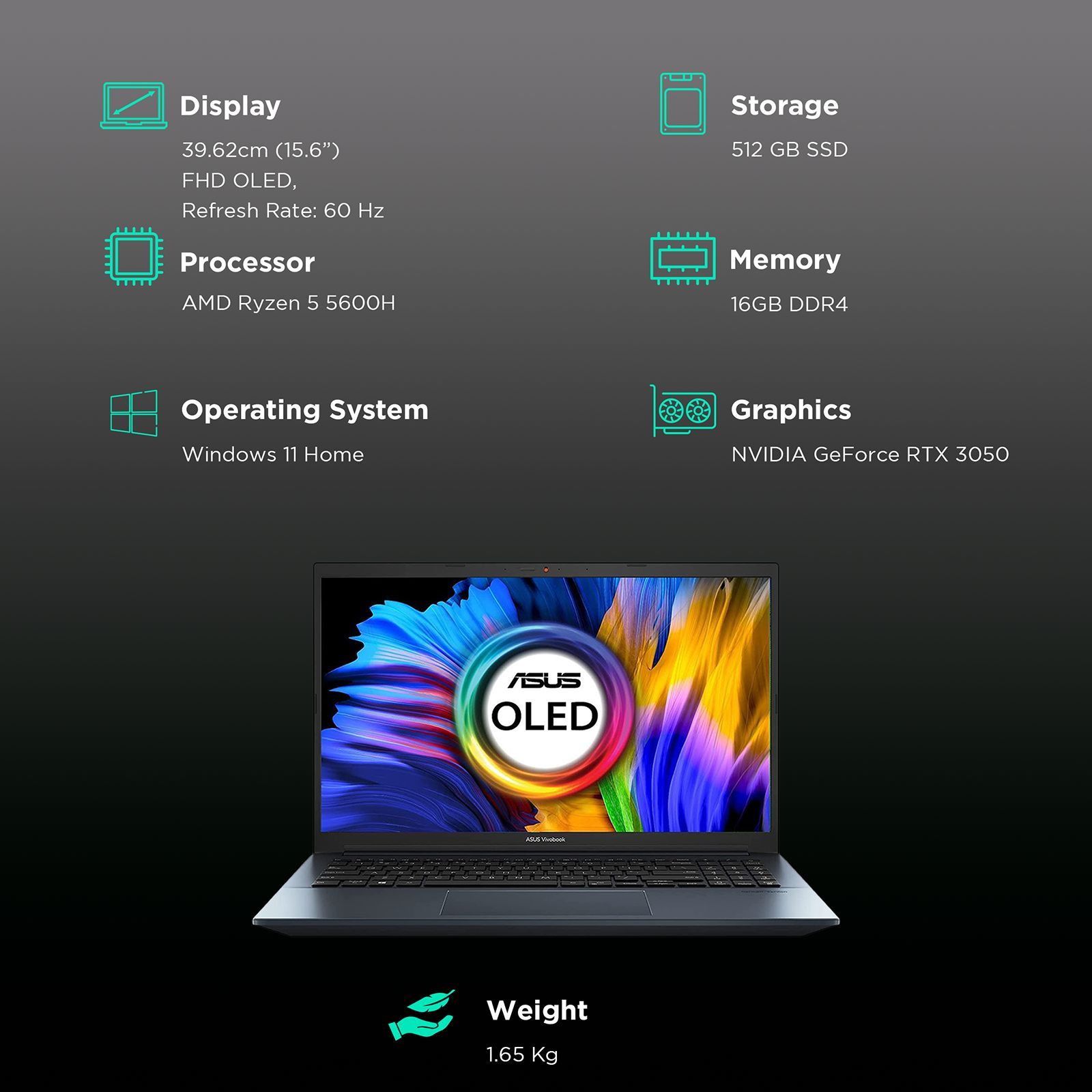 ASUS Vivobook Pro 15 AMD Ryzen 5 Thin and Light Laptop (16GB, 512GB SSD, Windows 11 Home, 4GB Graphics, 15.6 inch FHD OLED Display, MS Office 2021, Quiet Blue, 1.65 KG)_3