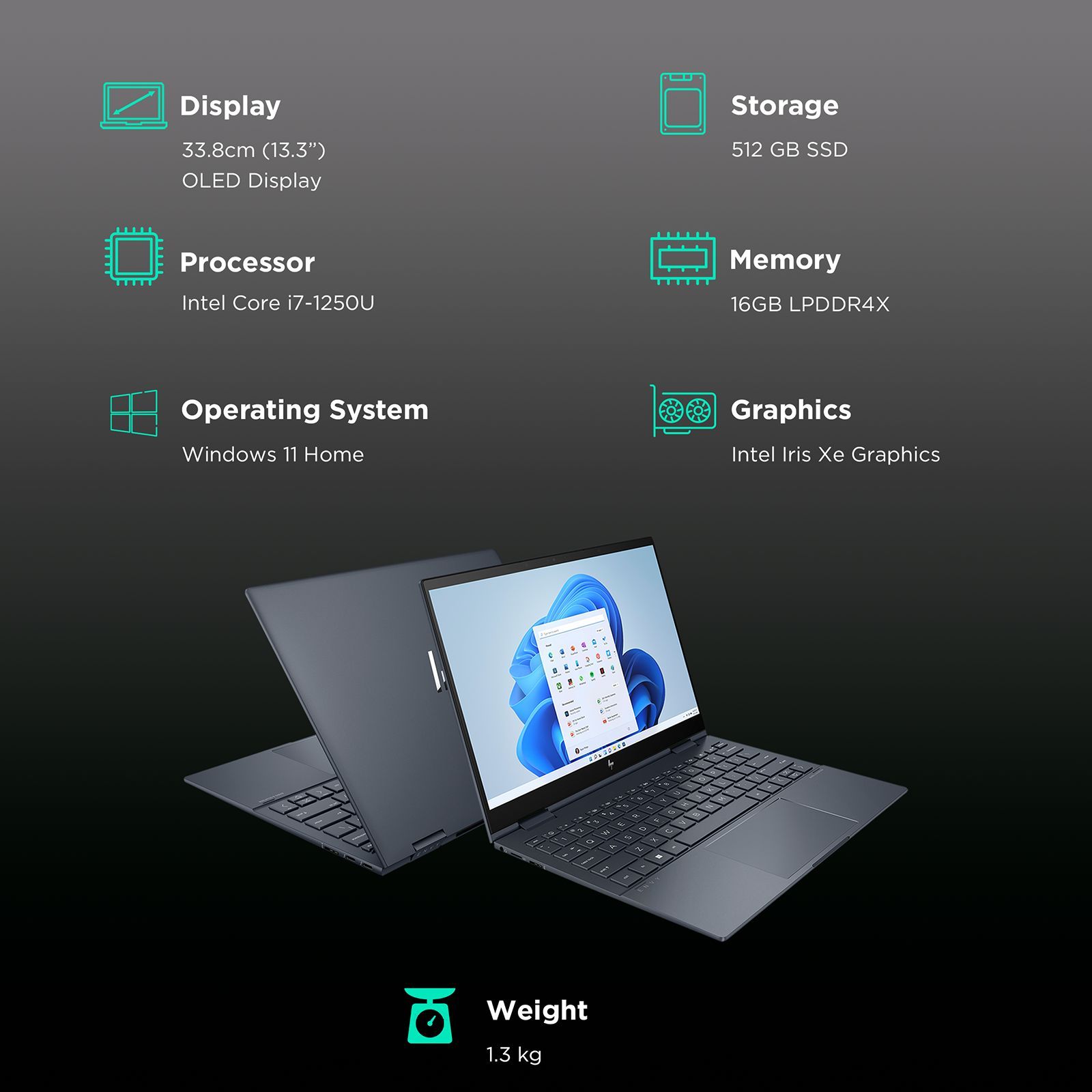 HP Envy 13 BF0142TU Intel Core i7 12th Gen (13.3 inch, 16GB, 512GB, Windows 11 Home, MS Office 2021, Intel Iris Xe, OLED Display, Space Blue, 81B48PA)_3