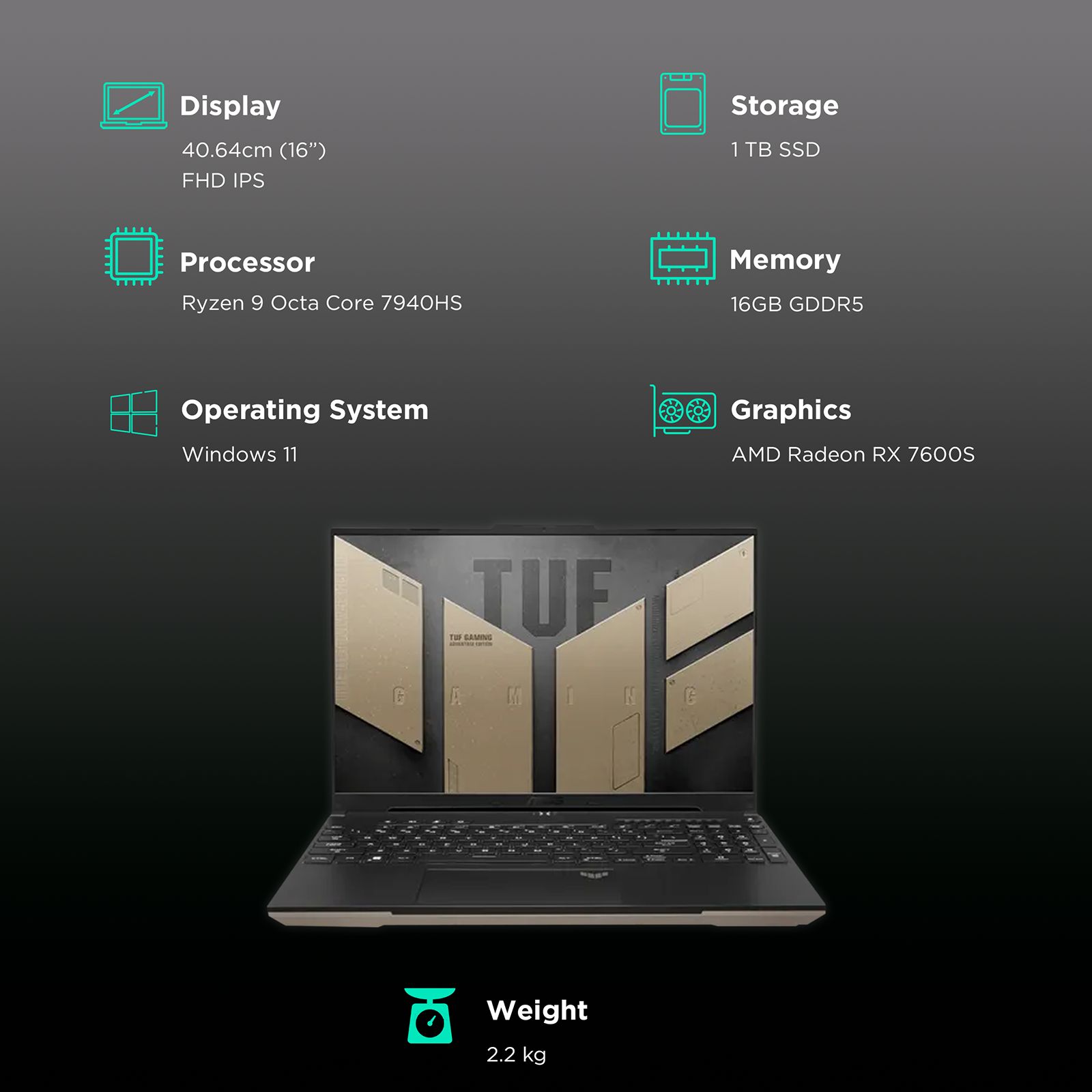ASUS TUF Gaming A16 FA617XS-N3026WS AMD Ryzen 9 7th Gen Gaming Laptop (16GB, 1TB SSD, Windows 11 Home, 8GB GDDR6, 16 inch FHD Plus IPS Display, MS Office 2021, Sandstorm, 2.2Kg)_3