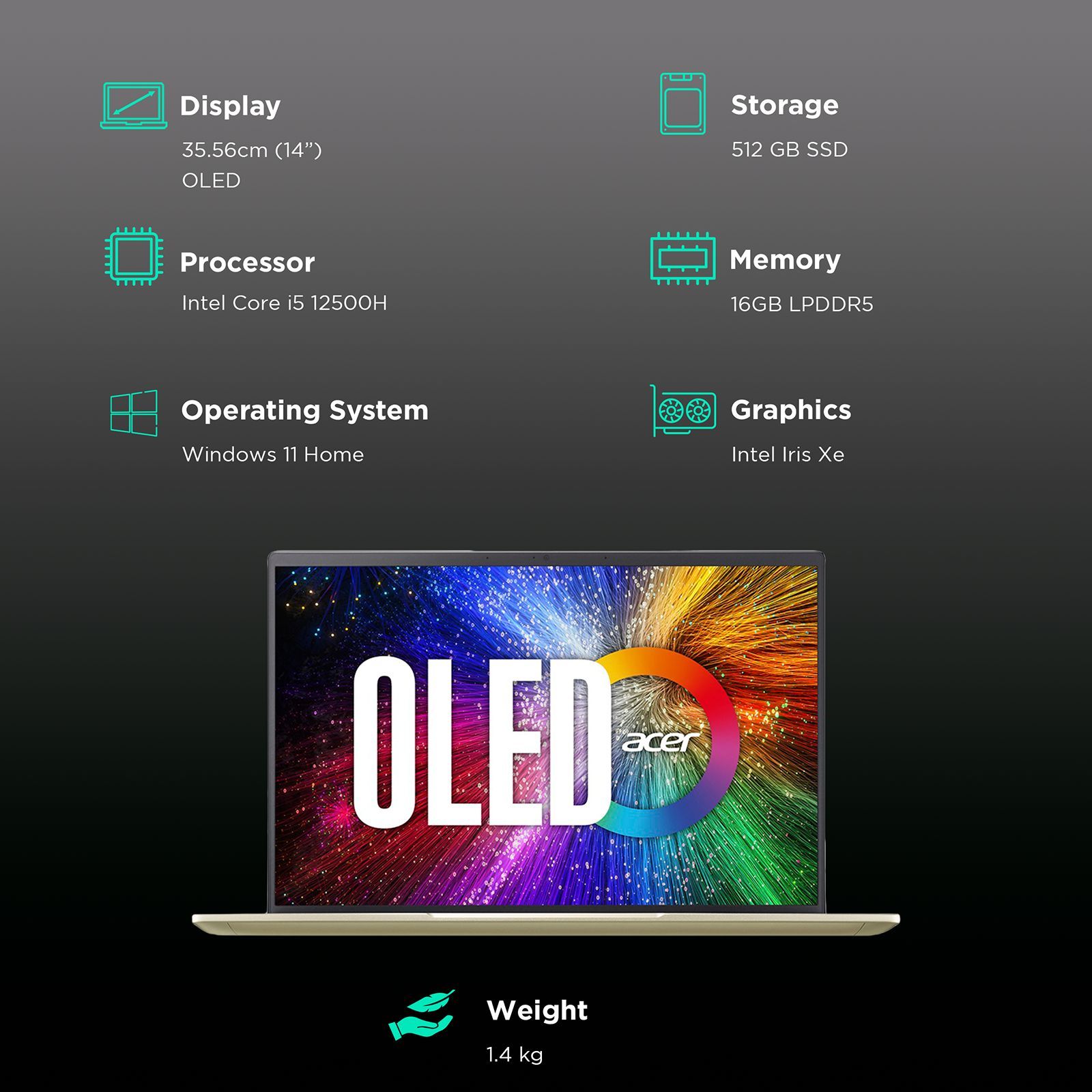 acer Swift 3 Intel Core i5 12th Gen (14 inch, 16GB, 512GB, Windows 11 Home, Intel Iris Xe, WQXGA Plus OLED Display, Luxury Gold, NX.KAWSI.002)_3